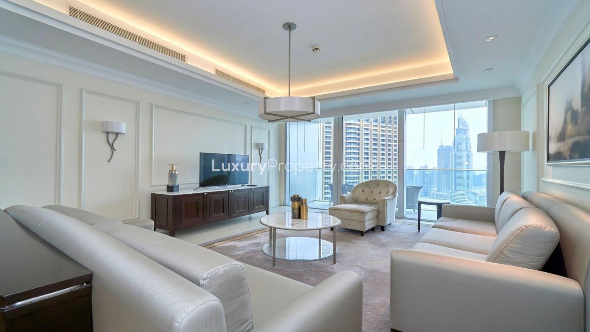 Chic living room in 2-bedroom serviced apartment, The Address The BLVD, Downtown Dubai