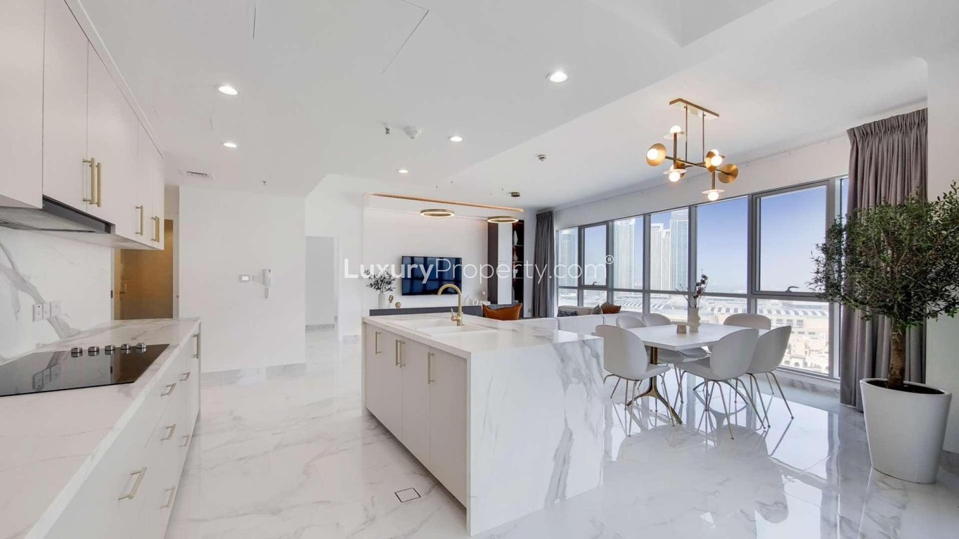 Fully furnished apartment living area with Burj Khalifa views in Downtown Dubai