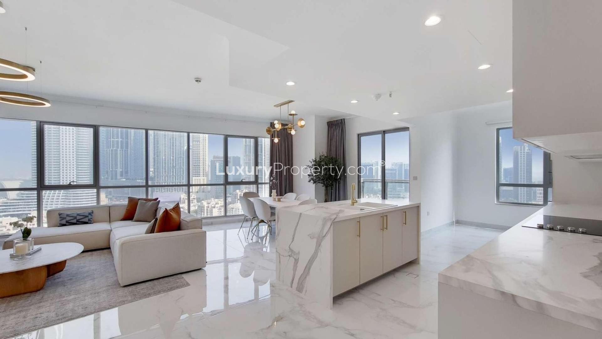 Fully furnished modern living room in Downtown Dubai apartment with stylish decor and natural light