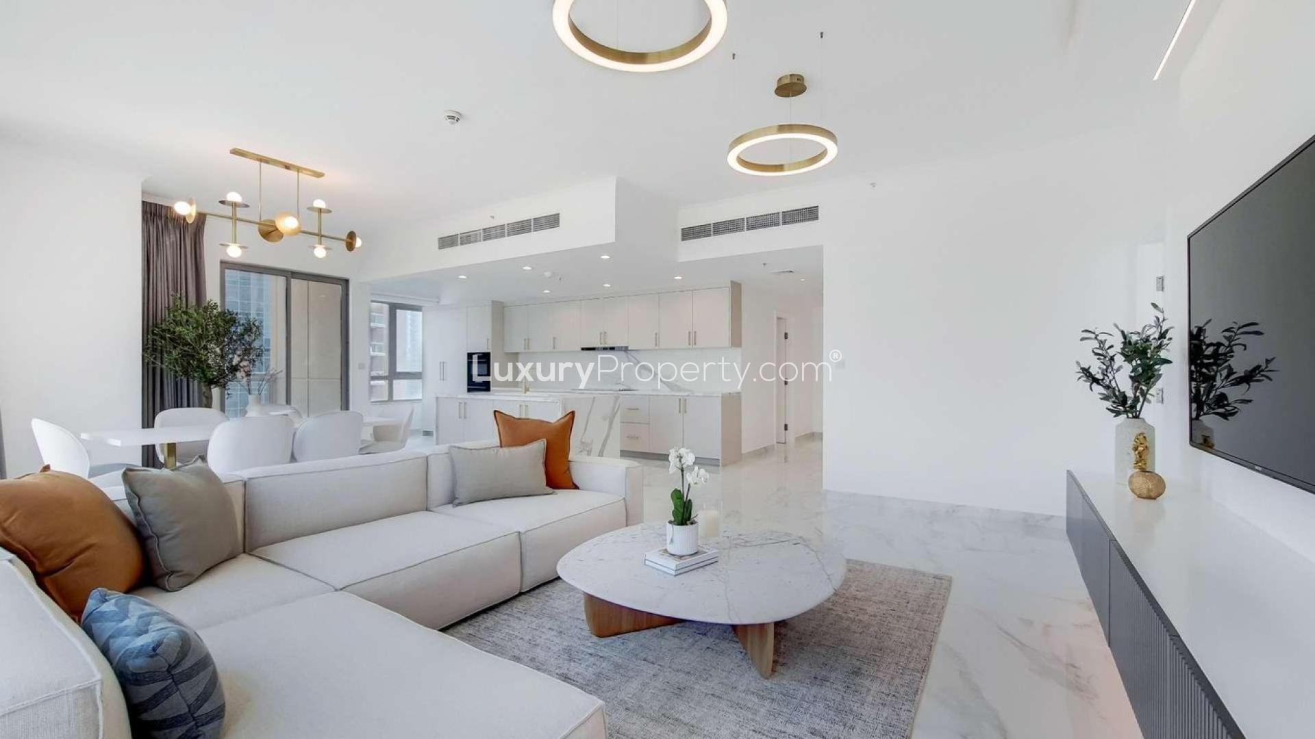 Fully furnished living room with Burj Khalifa views in Downtown Dubai apartment for rent