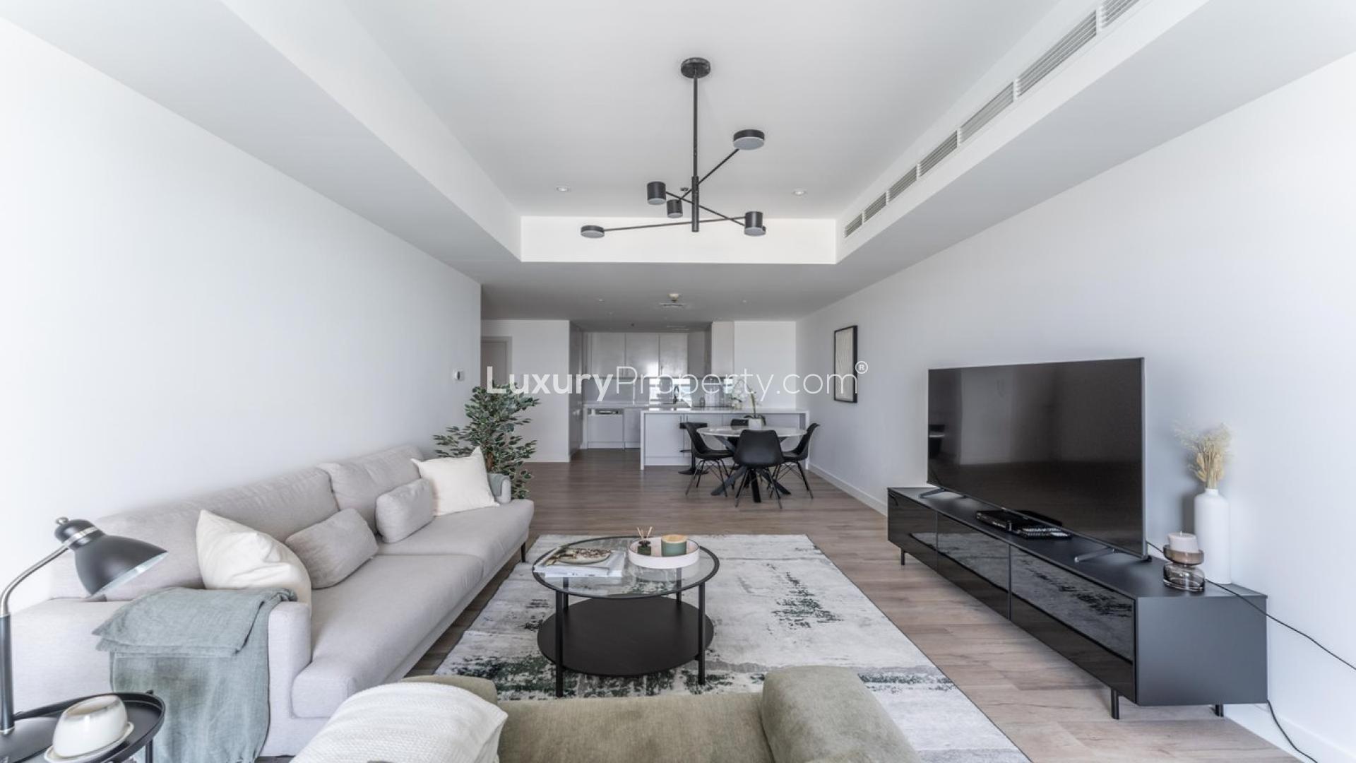 N/A,Spacious living room in 2-bedroom apartment, Princess Tower, Dubai Marina, modern furnishings
