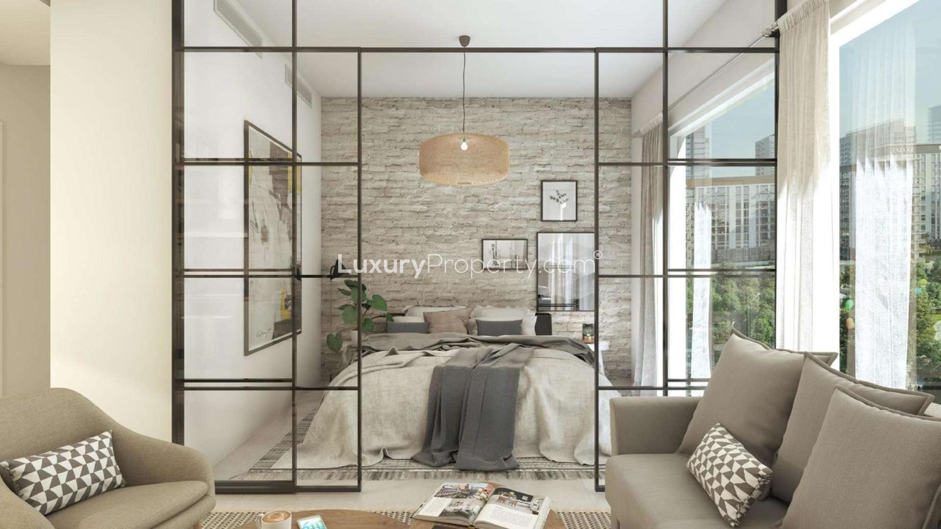 Contemporary living room and kitchen in 2-bedroom apartment, Dubai Hills Estate, for sale