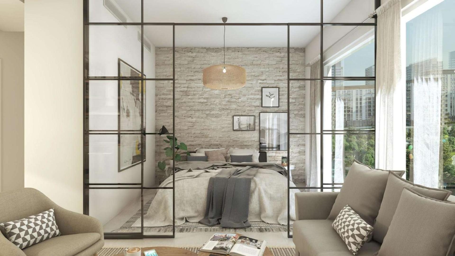 Contemporary living room and kitchen in 2-bedroom apartment, Dubai Hills Estate, for sale