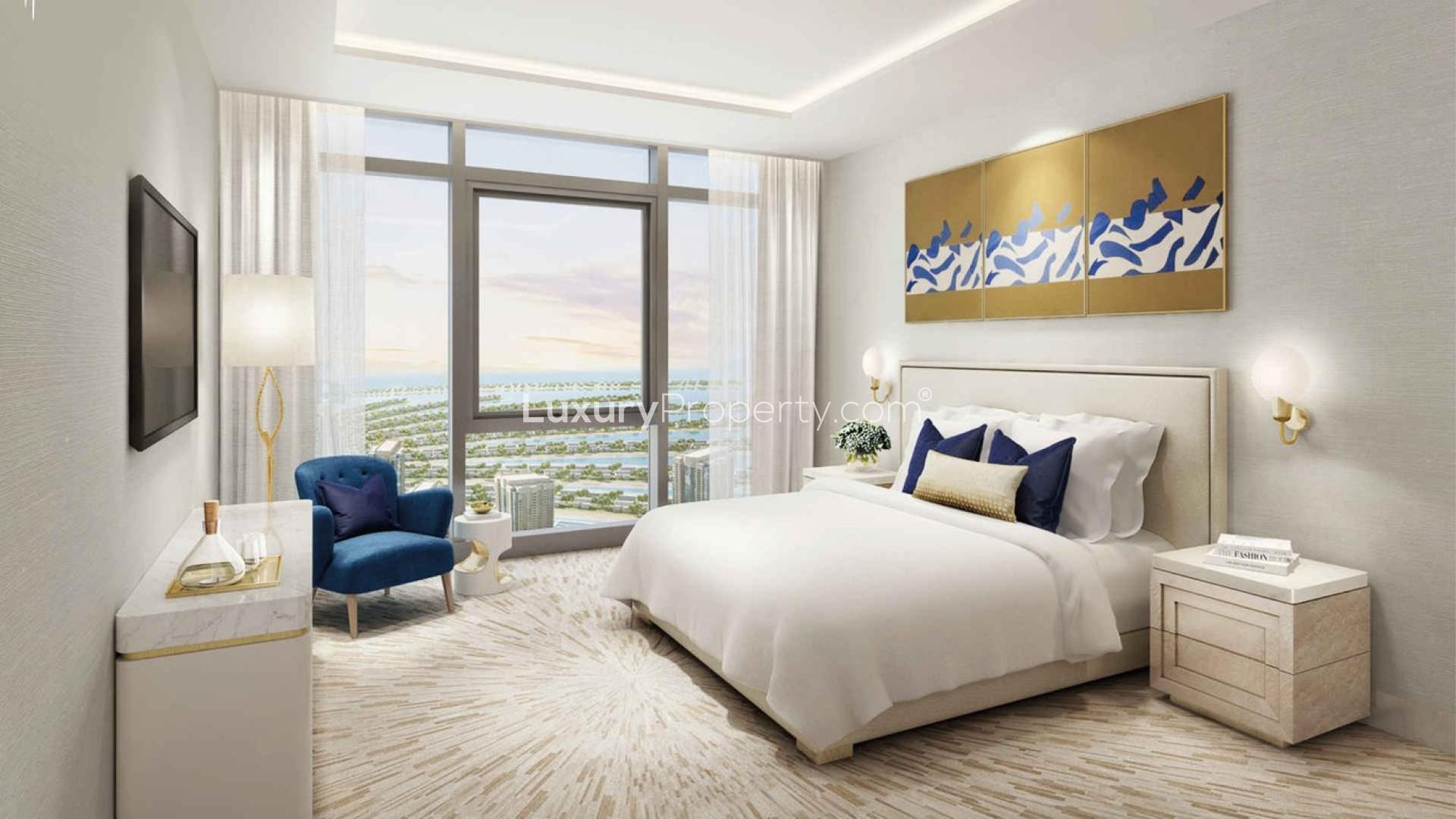 Luxurious bedroom with ocean views in Palm Tower apartment, Palm Jumeirah