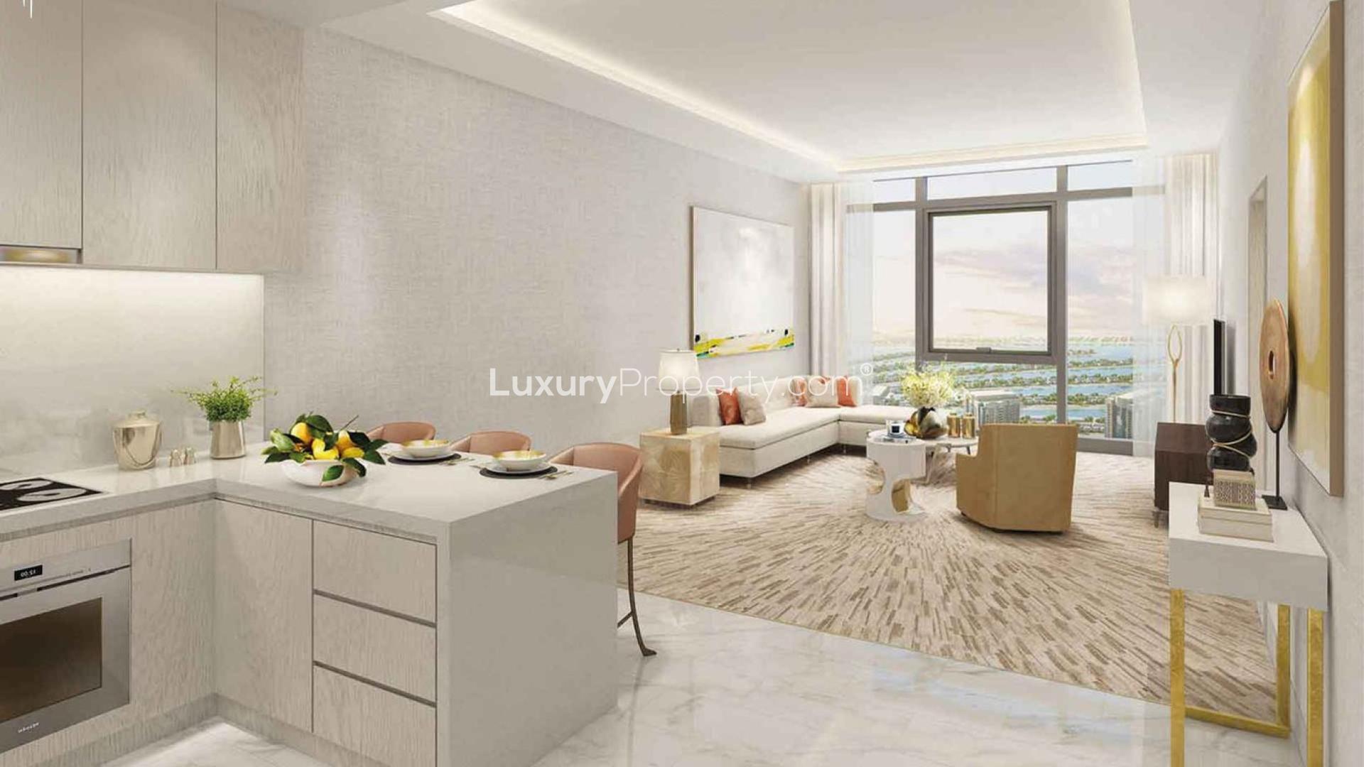 Modern living room and kitchen in Palm Tower apartment, Palm Jumeirah, with sea views