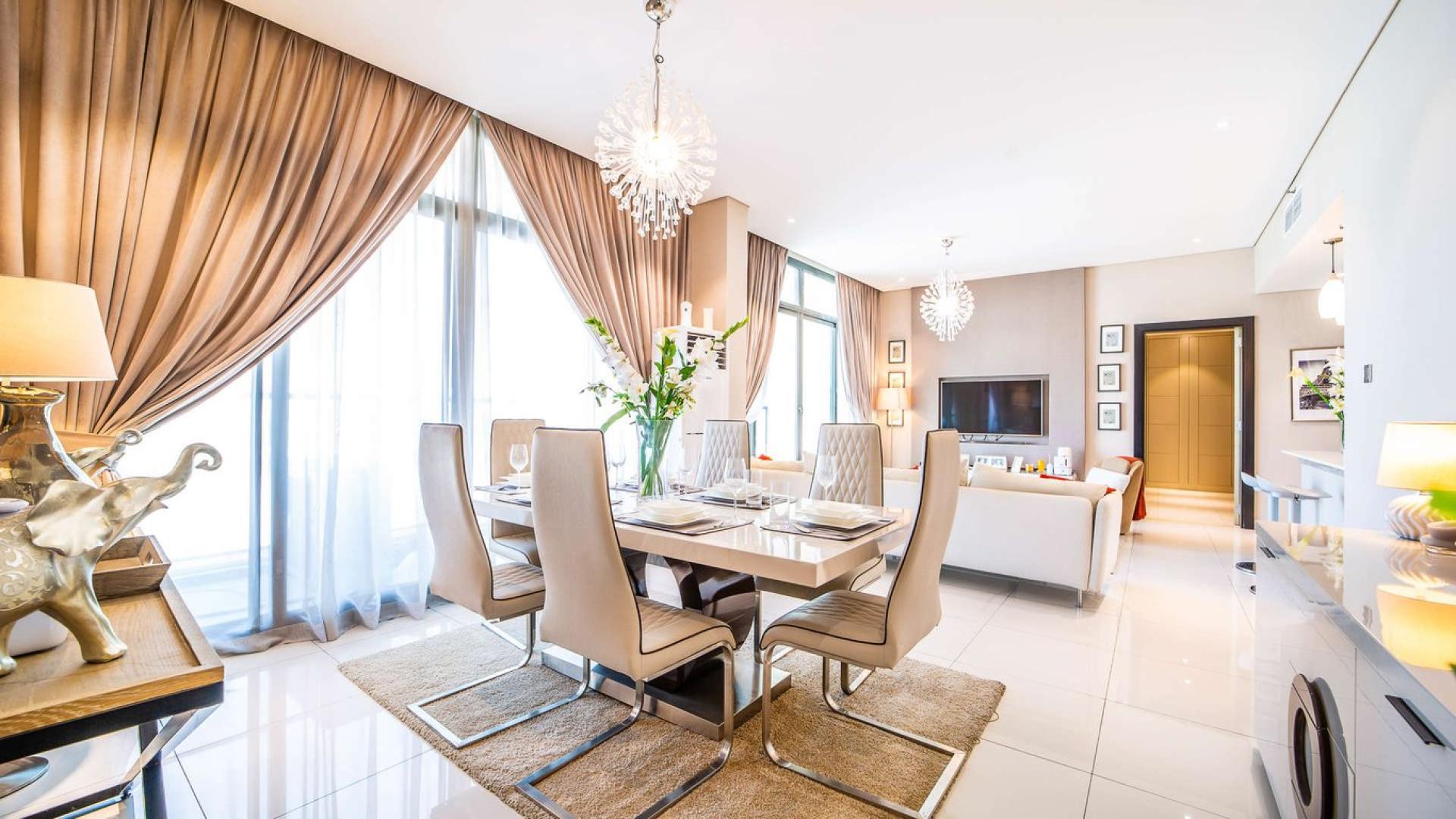 Luxurious living room in one-bedroom apartment, Meydan Avenue, Dubai, with modern decor