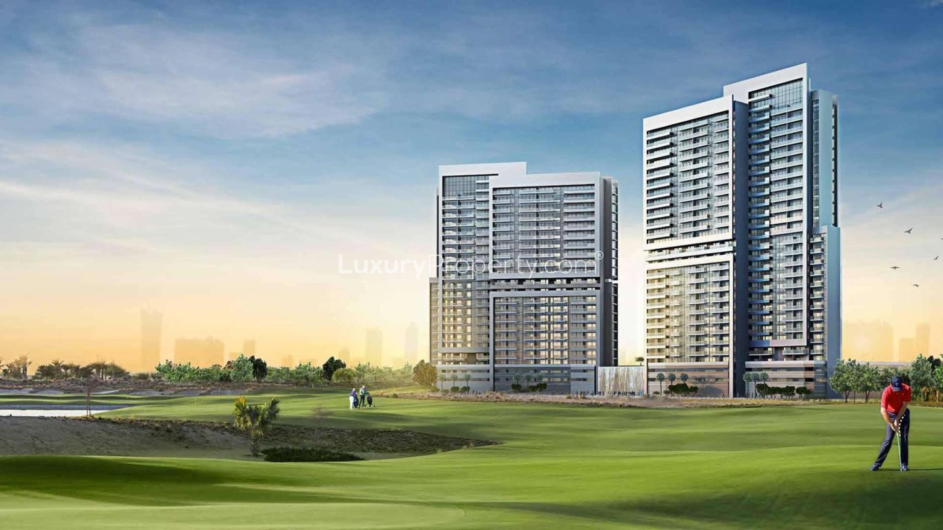 Modern living room in Golf Vita apartment, Damac Hills, with elegant decor and large windows