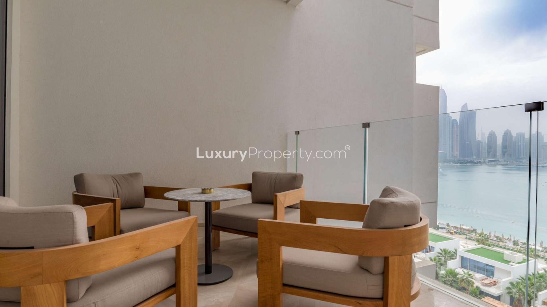 Modern living room in two-bedroom serviced apartment, Palm Jumeirah, with elegant furnishings and decor