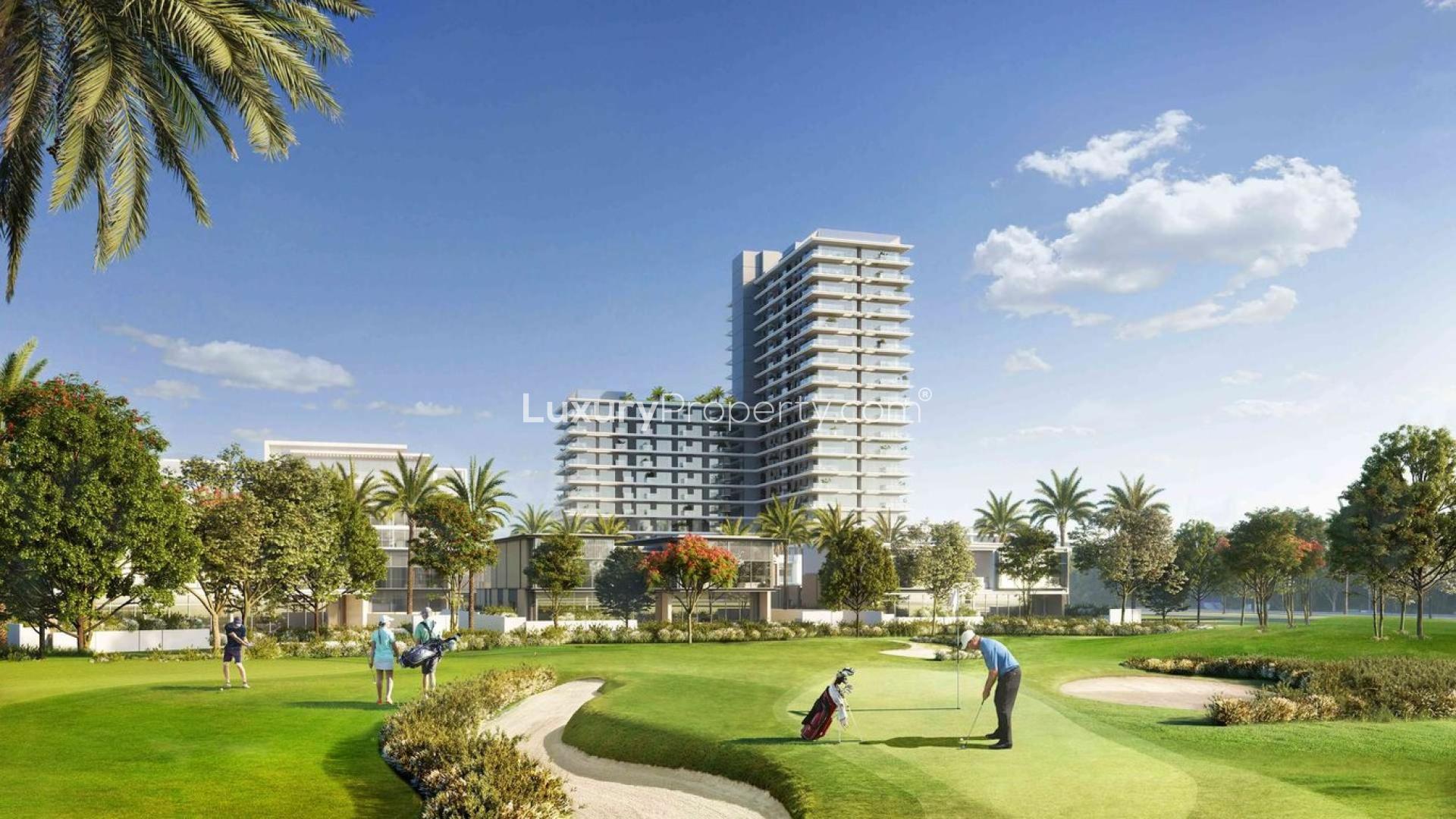 "Dubai Hills Estate apartment overlooking golf course, modern architecture, lush greenery, bright skies.","Golf Suites apartment view, lush green golf course, Dubai Hills Estate skyline in background.",Modern living room in two-bedroom apartment, Golf Suites, Dubai Hills Estate