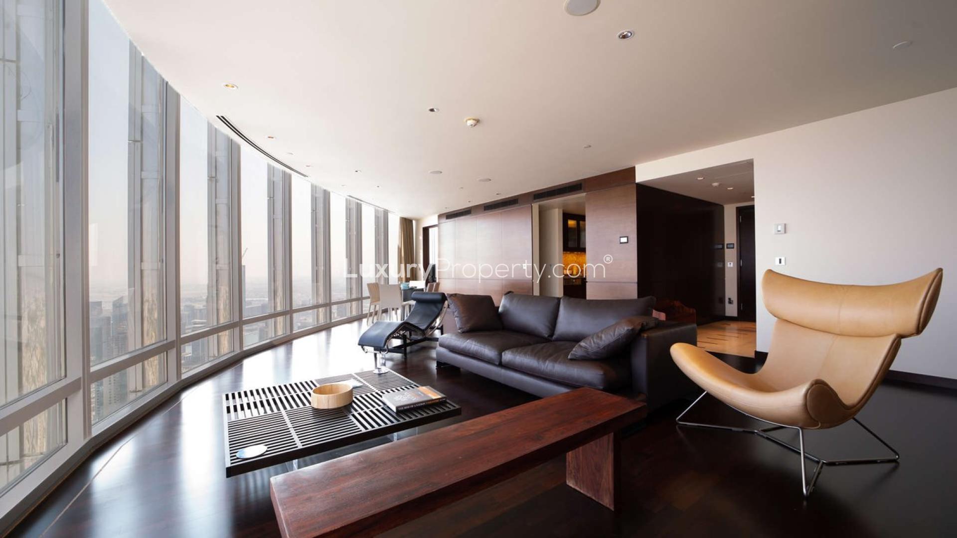 Luxurious living room in Burj Khalifa apartment with modern furniture and city views