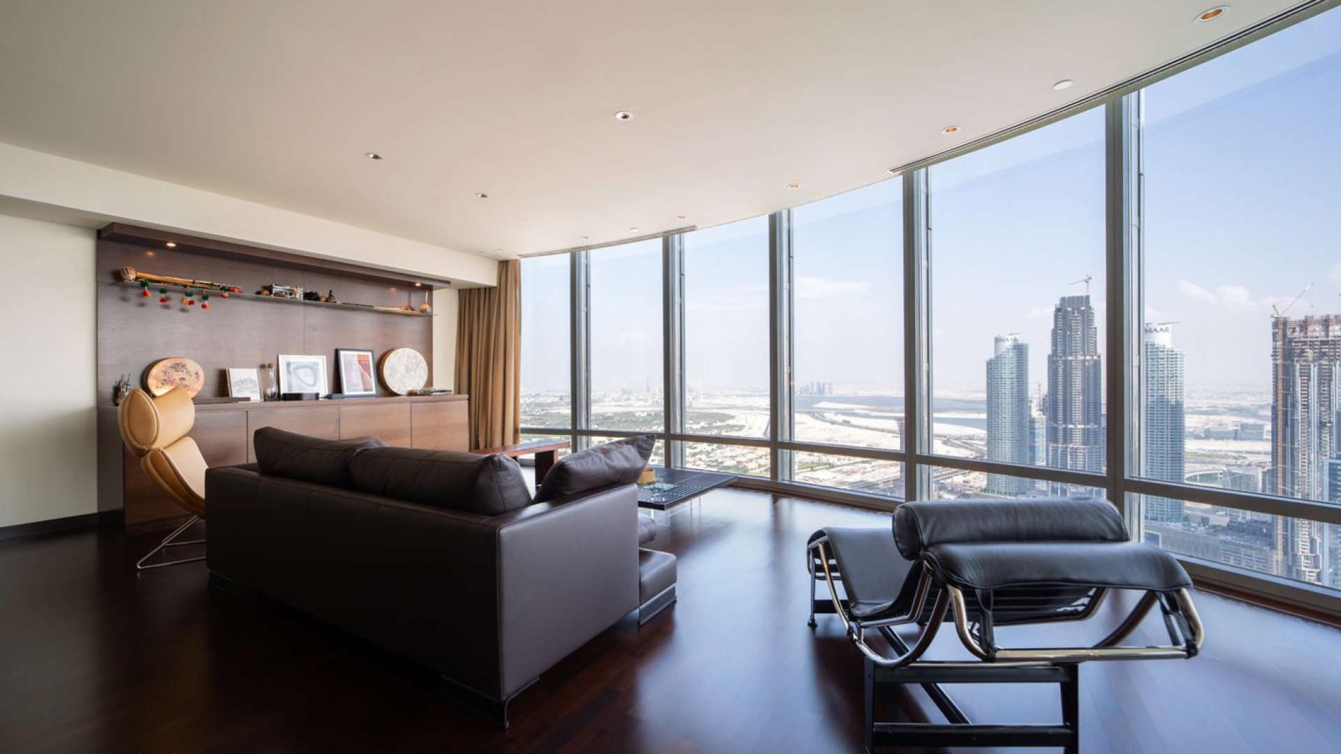 Luxurious living room with panoramic city views in Burj Khalifa apartment, Downtown Dubai