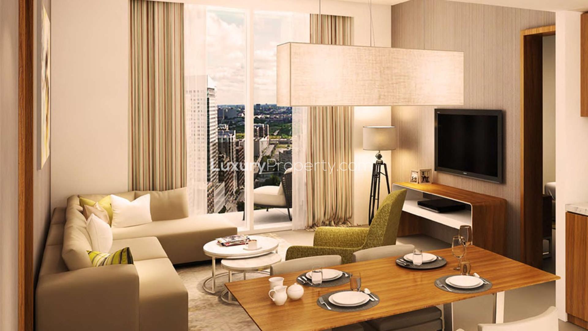 Fully upgraded living room in 1-bedroom apartment at Vera Residences, Business Bay, for sale
