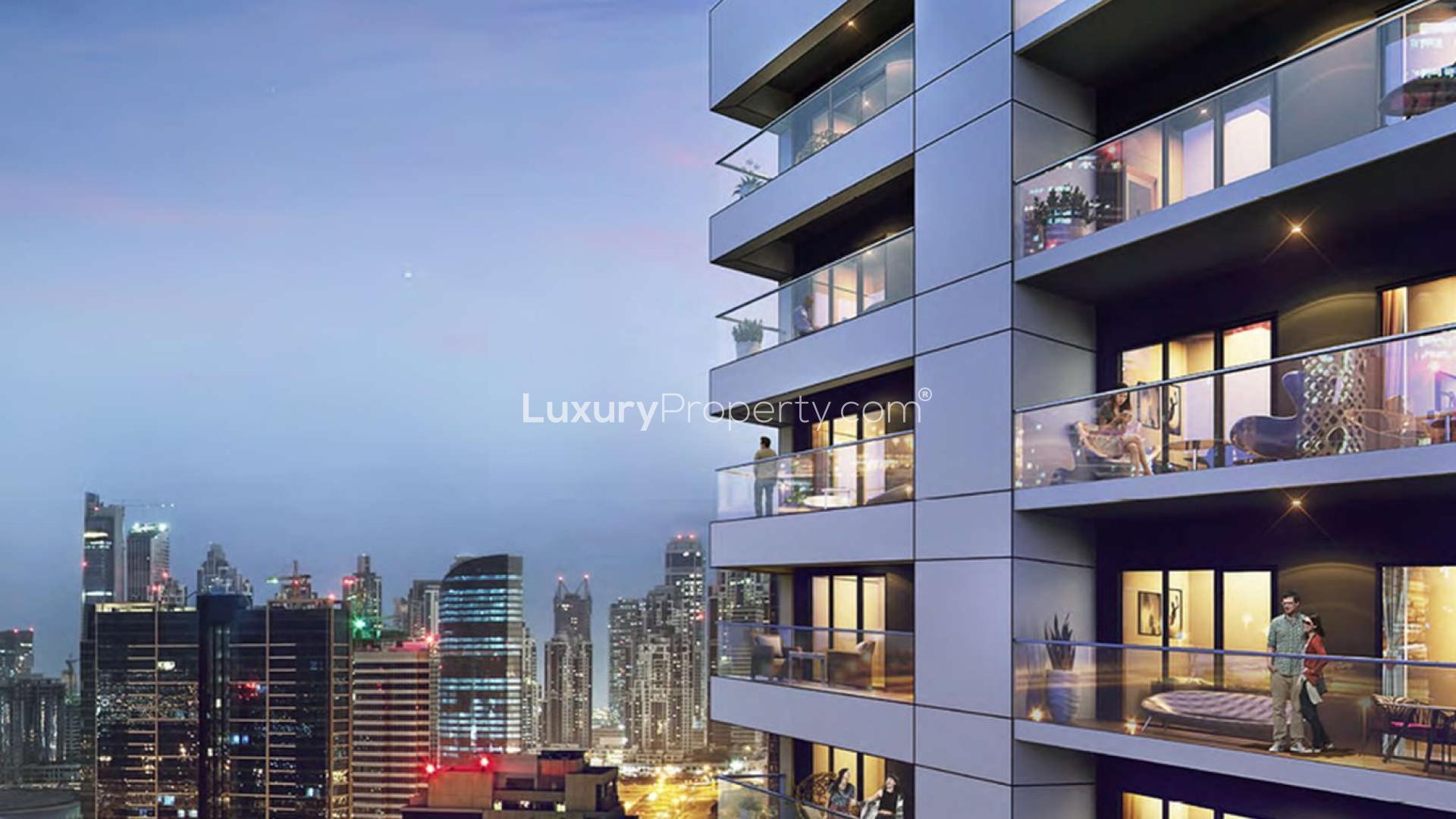 Contemporary living room in two-bedroom apartment at Vera Residences, Business Bay, for sale