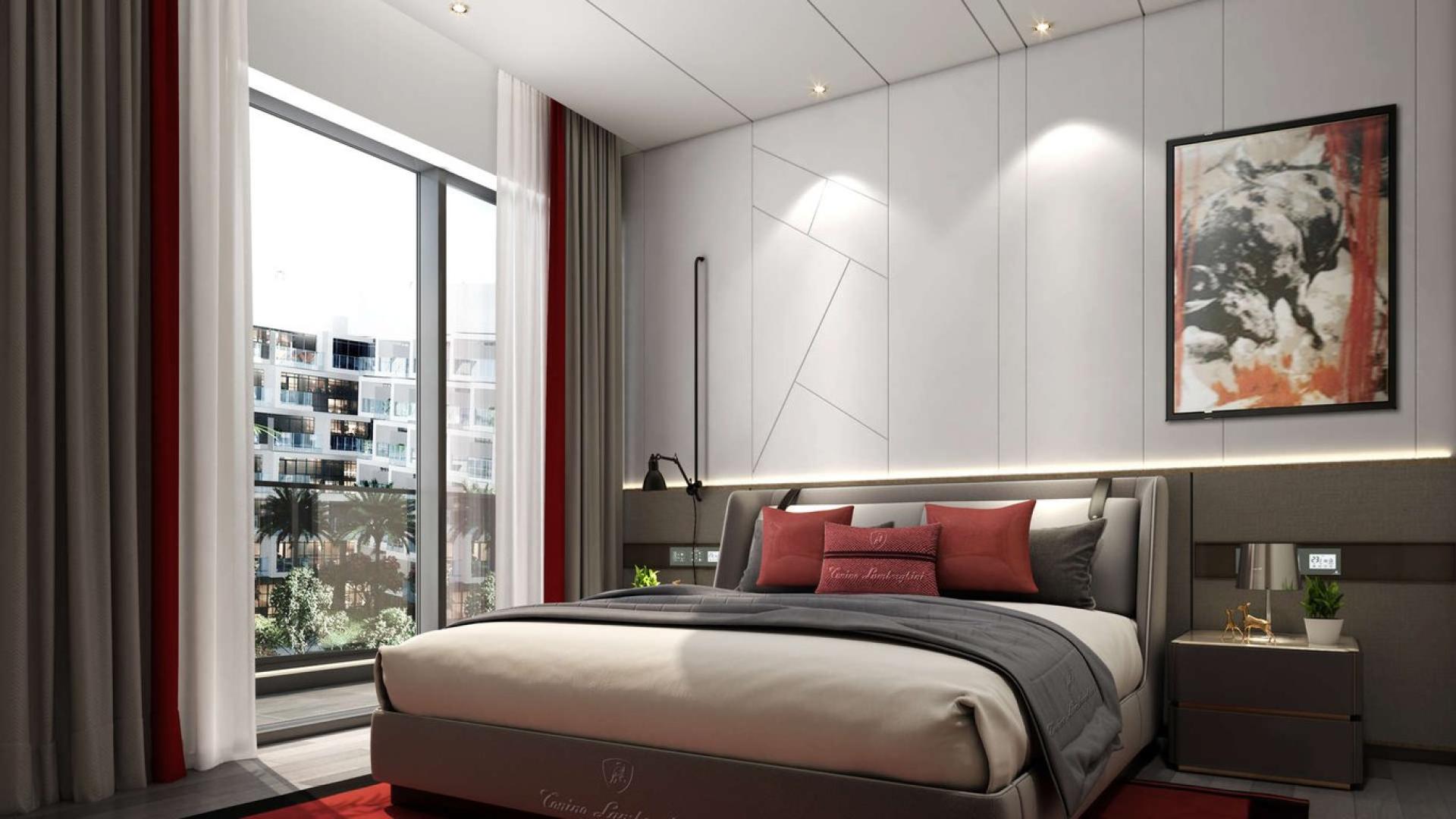 Modern living room in Meydan apartment, sleek decor, large windows, stylish lighting