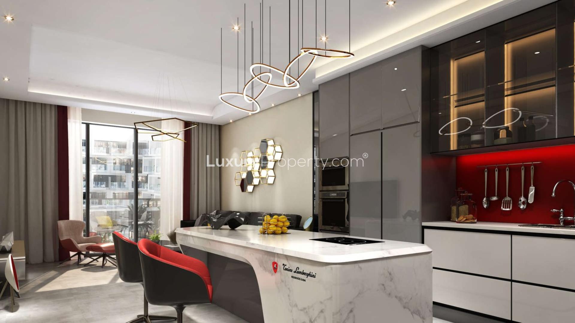 Modern kitchen in Tonino Lamborghini Residences apartment, Meydan Business Park, featuring sleek design