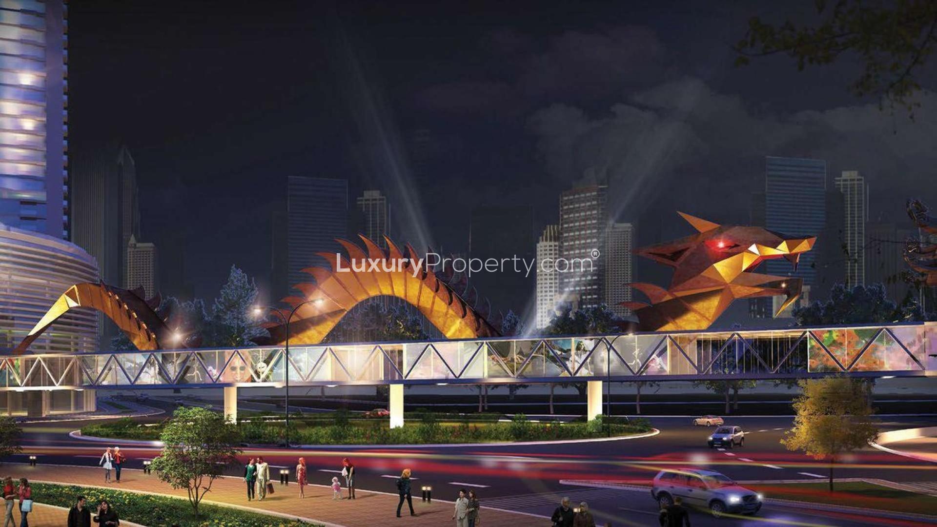 Chic living room and dining area in Dragon Towers apartment, Dragon City