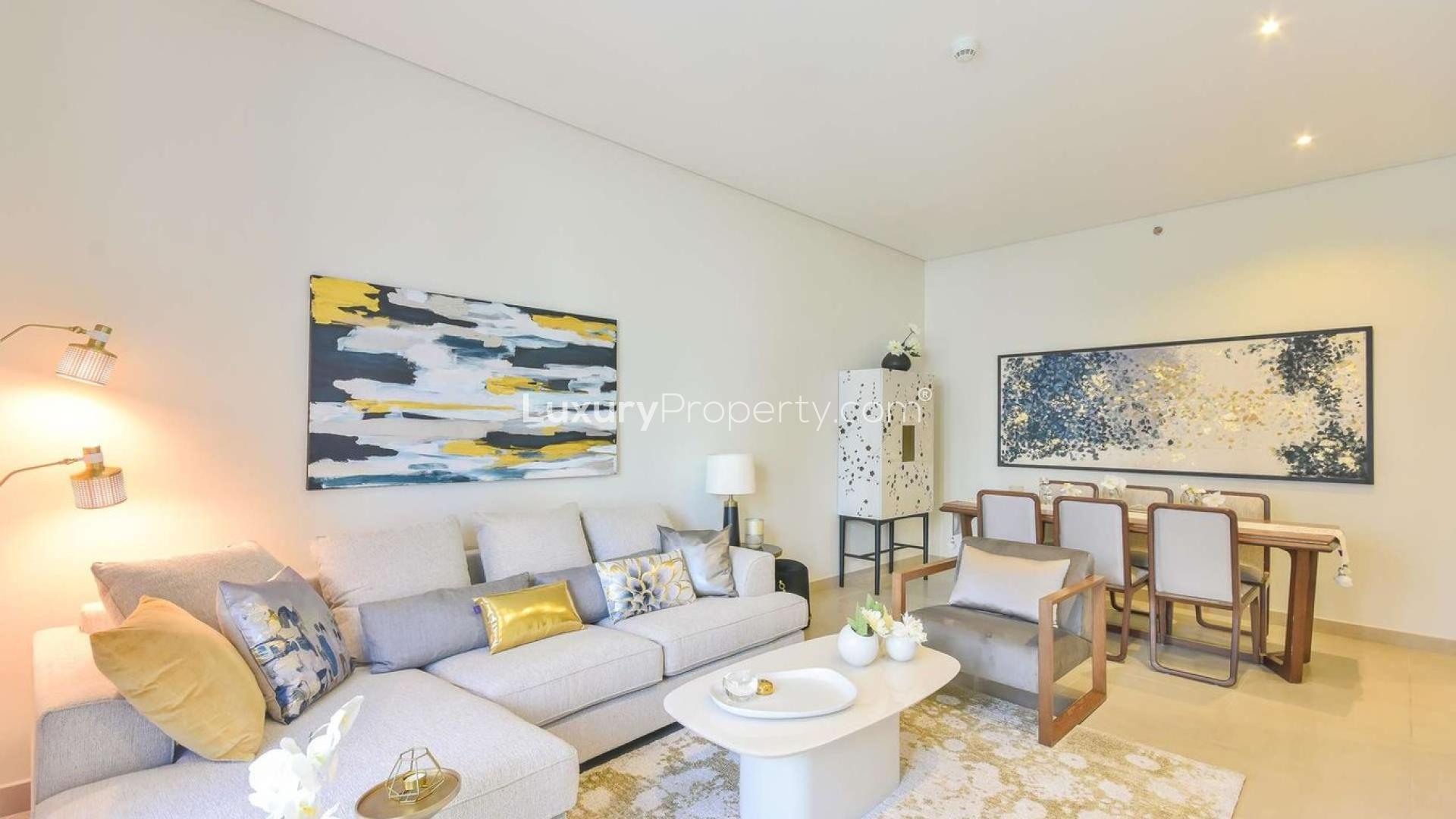 Luxurious living room in two-bedroom apartment at Sparkle Towers, Dubai Marina