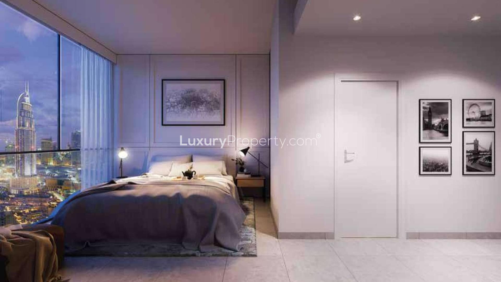 Wilton Park Residences apartment exterior in Mohammed Bin Rashid City at sunset