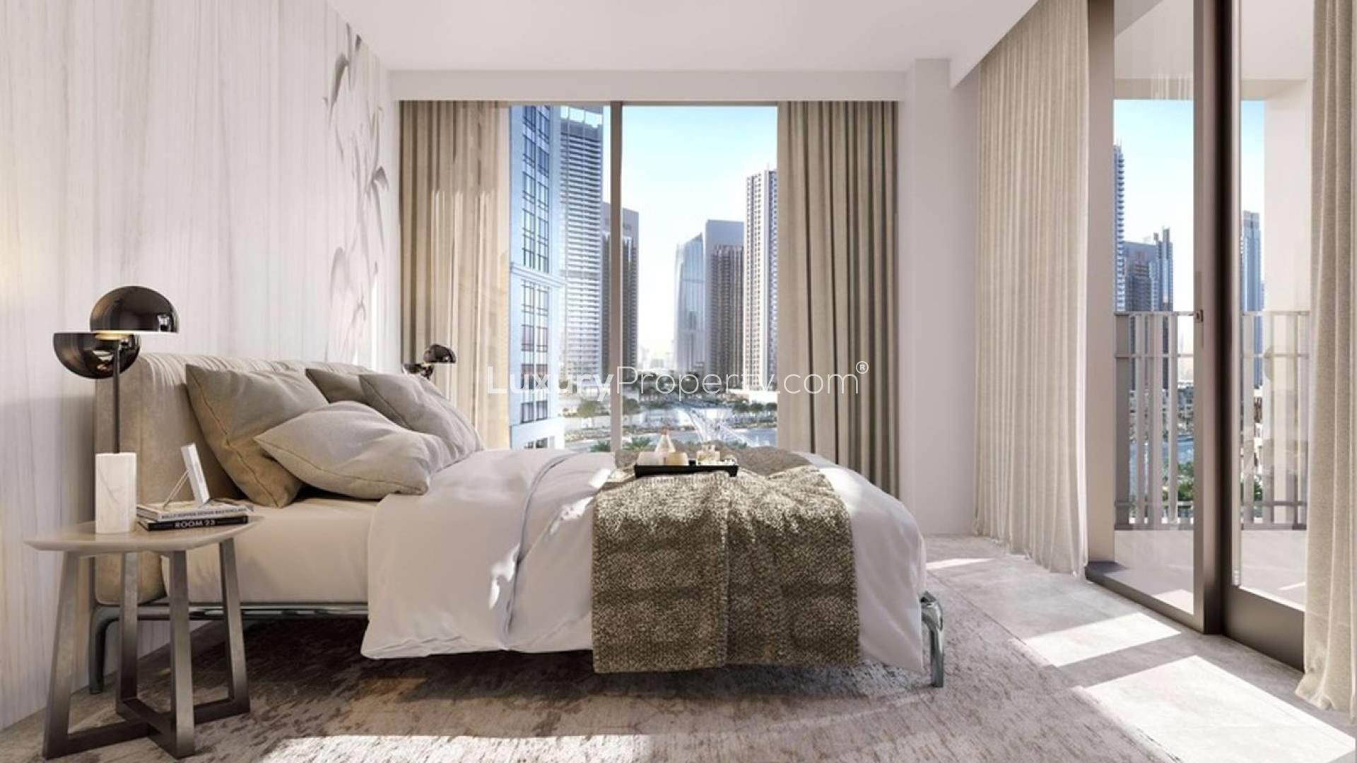 Modern studio apartment interior in Surf, Dubai Creek Harbour's Creek Beach with city views