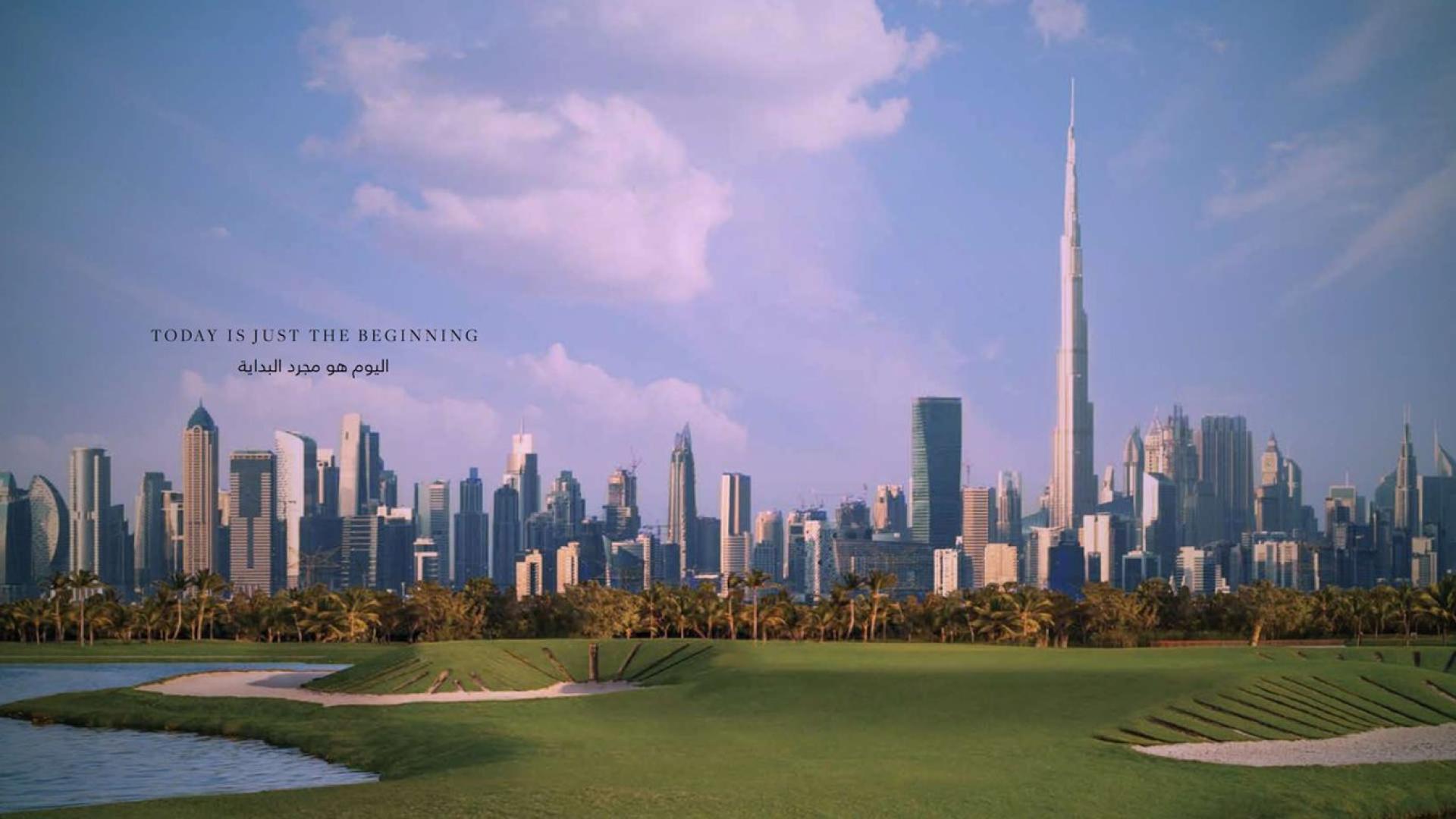 "Stunning Dubai skyline view from Acacia, Dubai Hills Estate, near Park Heights apartment.",Modern dining and kitchen area in Acacia apartment, Dubai Hills Estate, for sale