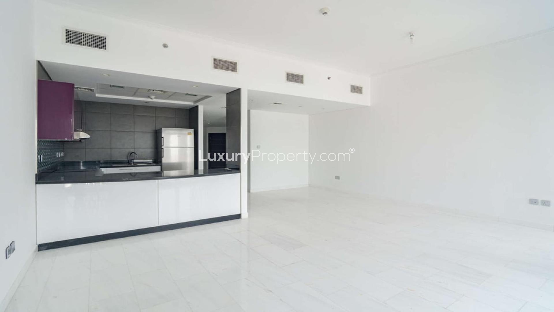 Luxurious studio apartment interior with modern kitchen in Cayan Tower, Dubai Marina for sale