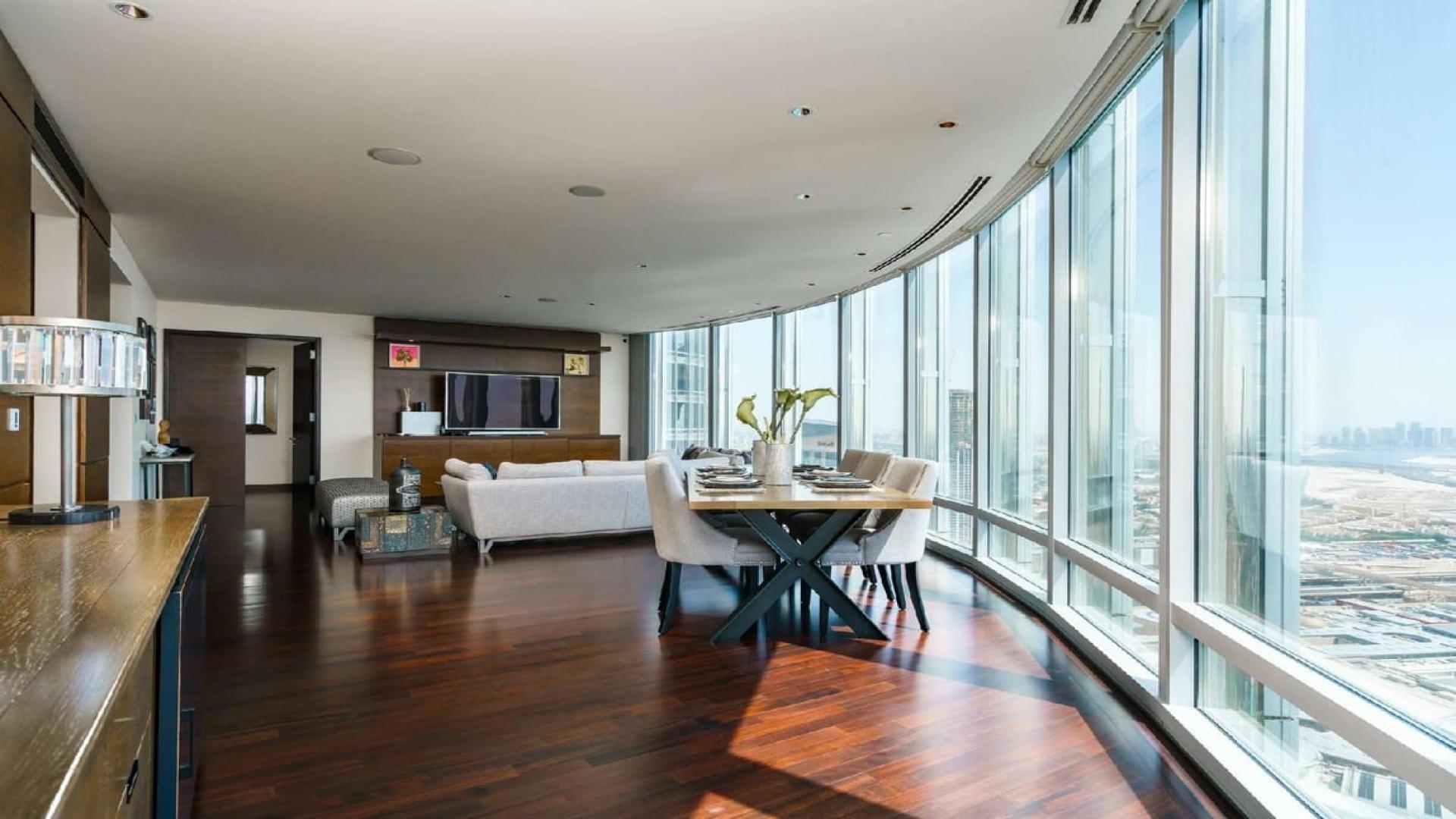 Luxurious furnished apartment living room with Dubai Fountain views, Downtown Dubai, Burj Khalifa Area