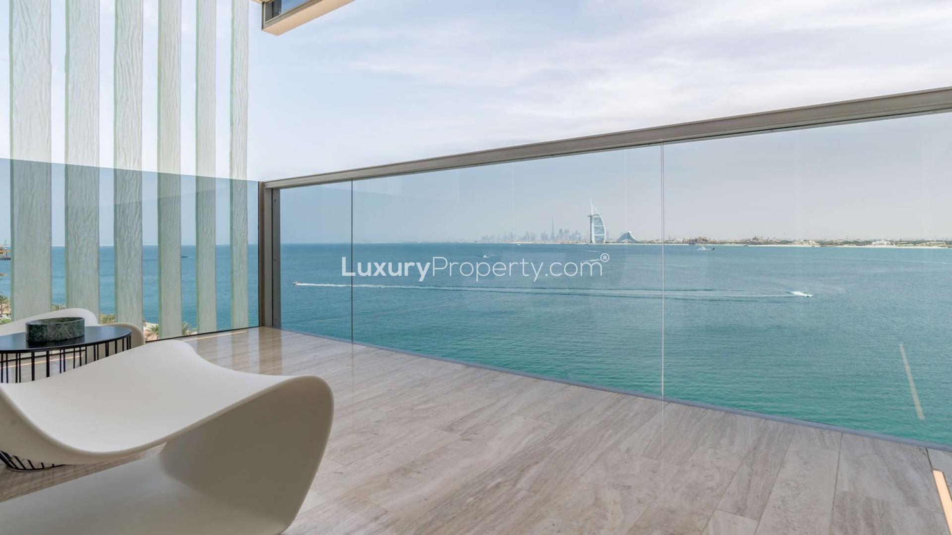 Modern beachfront apartment living room with ocean view on Palm Jumeirah, The Crescent
