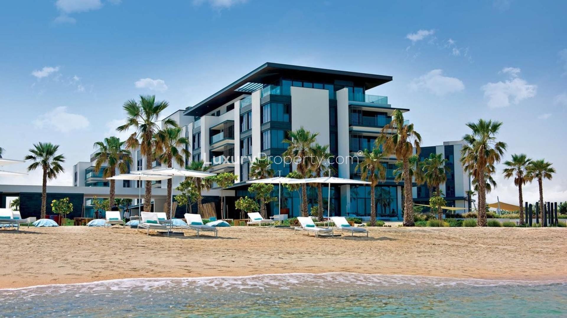 Modern living room with sea view in Pearl Jumeirah apartment for sale