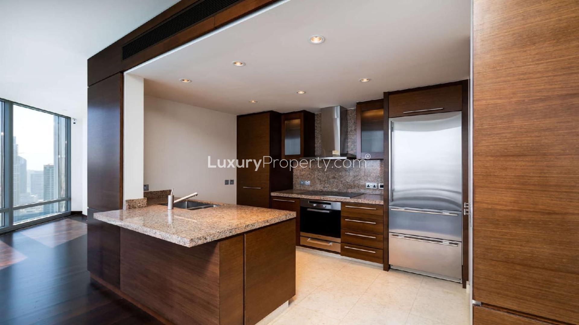 Aerial view of Burj Khalifa area with skyscrapers and water features, Downtown Dubai