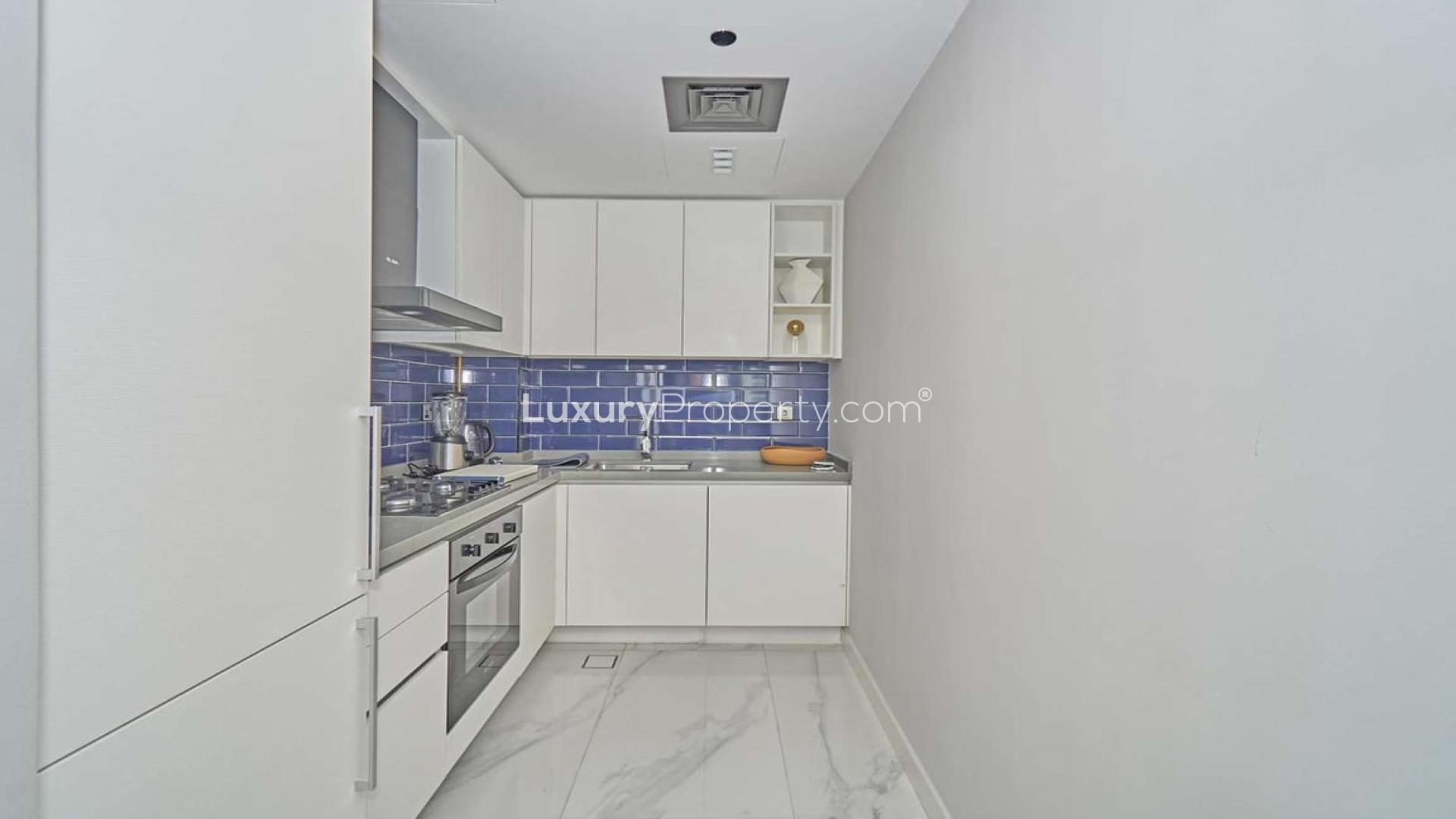 Modern living room in MAG 318 apartment, Business Bay, with balcony view, for sale