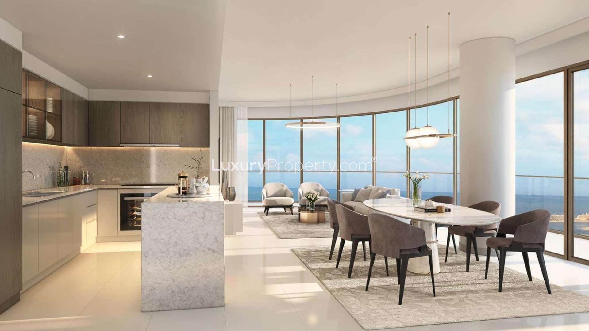 Luxurious living room in Grand Bleu Tower studio, Emaar Beachfront, Dubai Harbour apartment