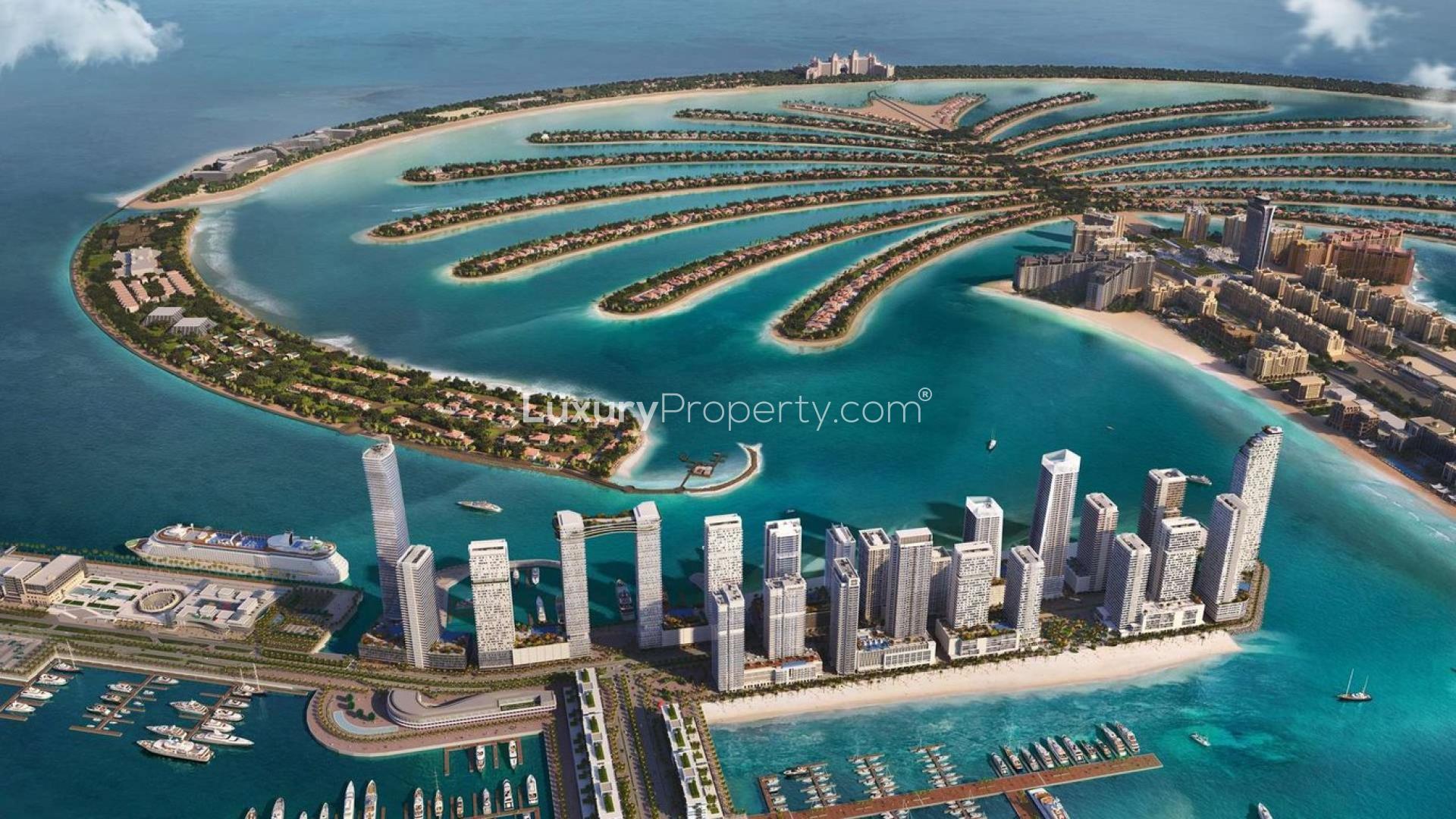 Aerial view of Grand Bleu Tower, Emaar Beachfront, Dubai Harbour with marina and beachfront