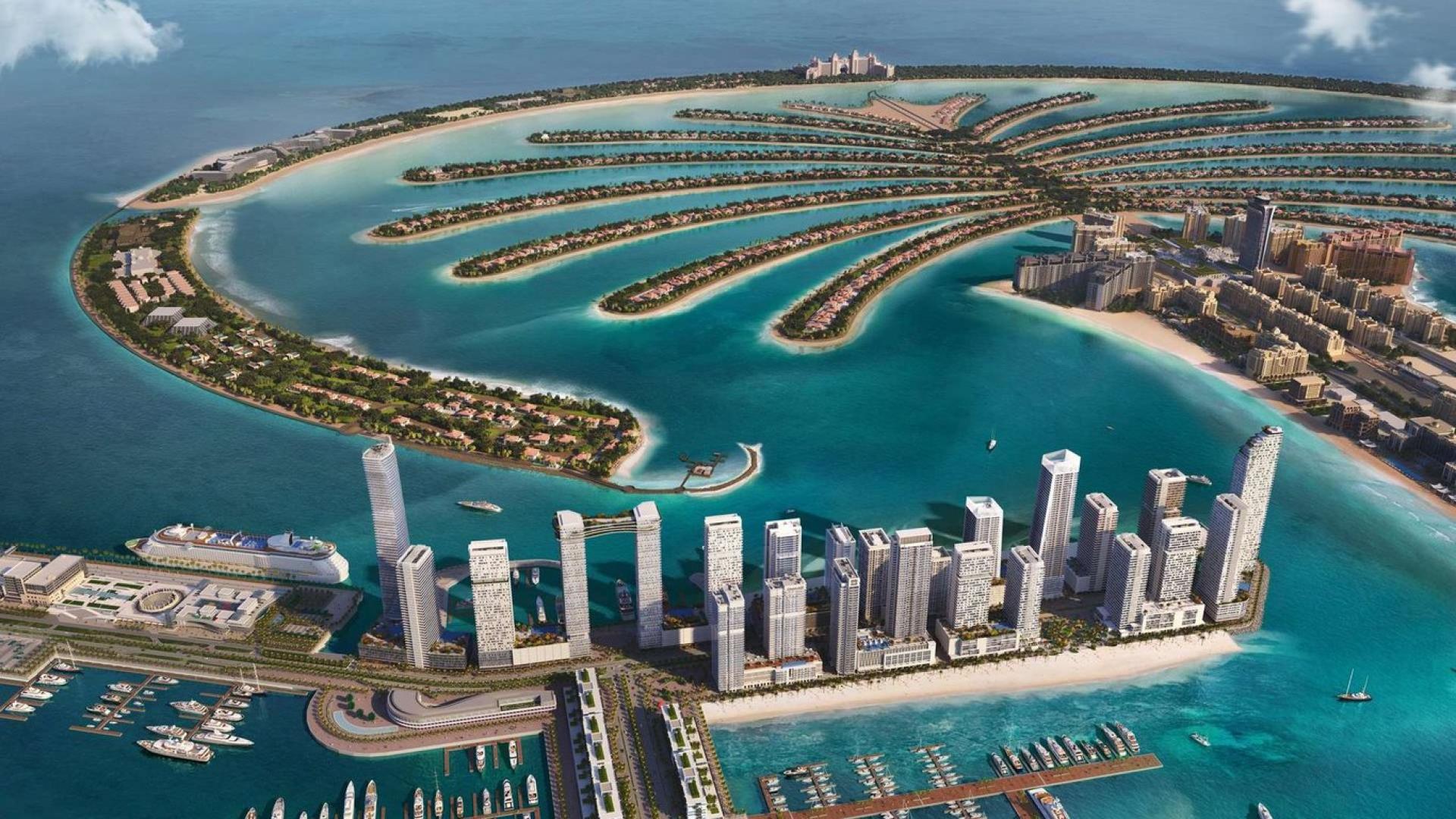 Aerial view of Grand Bleu Tower, Emaar Beachfront, Dubai Harbour with marina and beachfront