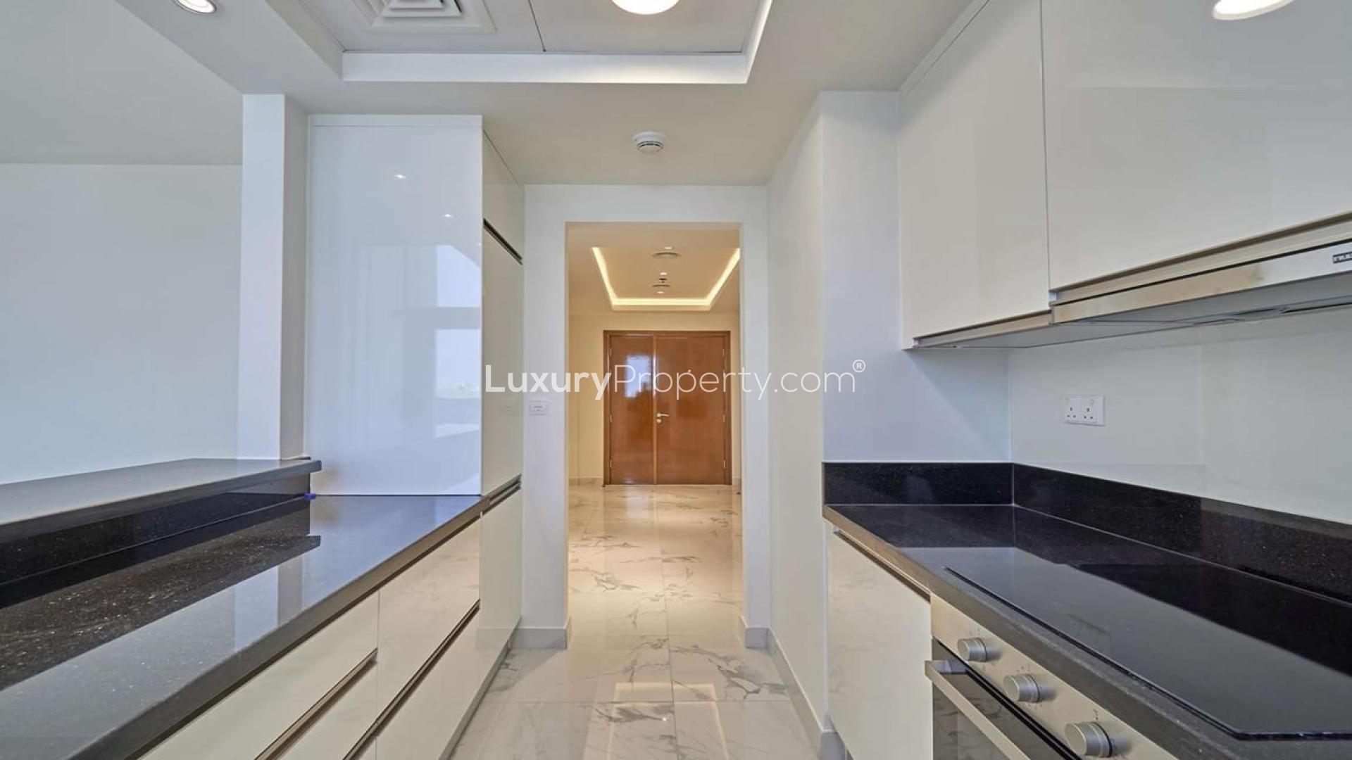 Spacious living area in two-bedroom apartment, Business Bay, Al Habtoor City, marble flooring