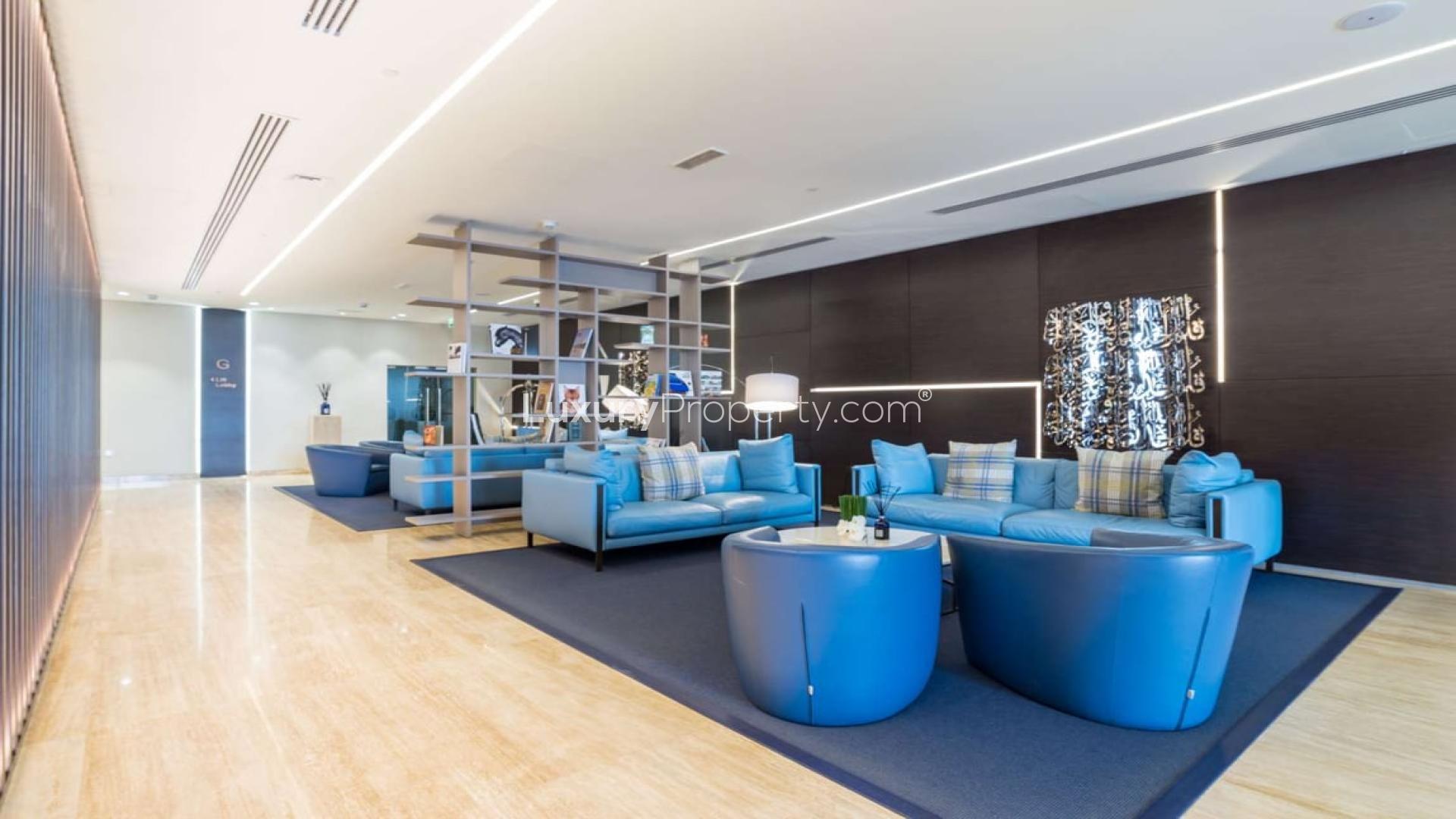 Modern lounge area in Marina Arcade Tower, Dubai Marina apartment for sale