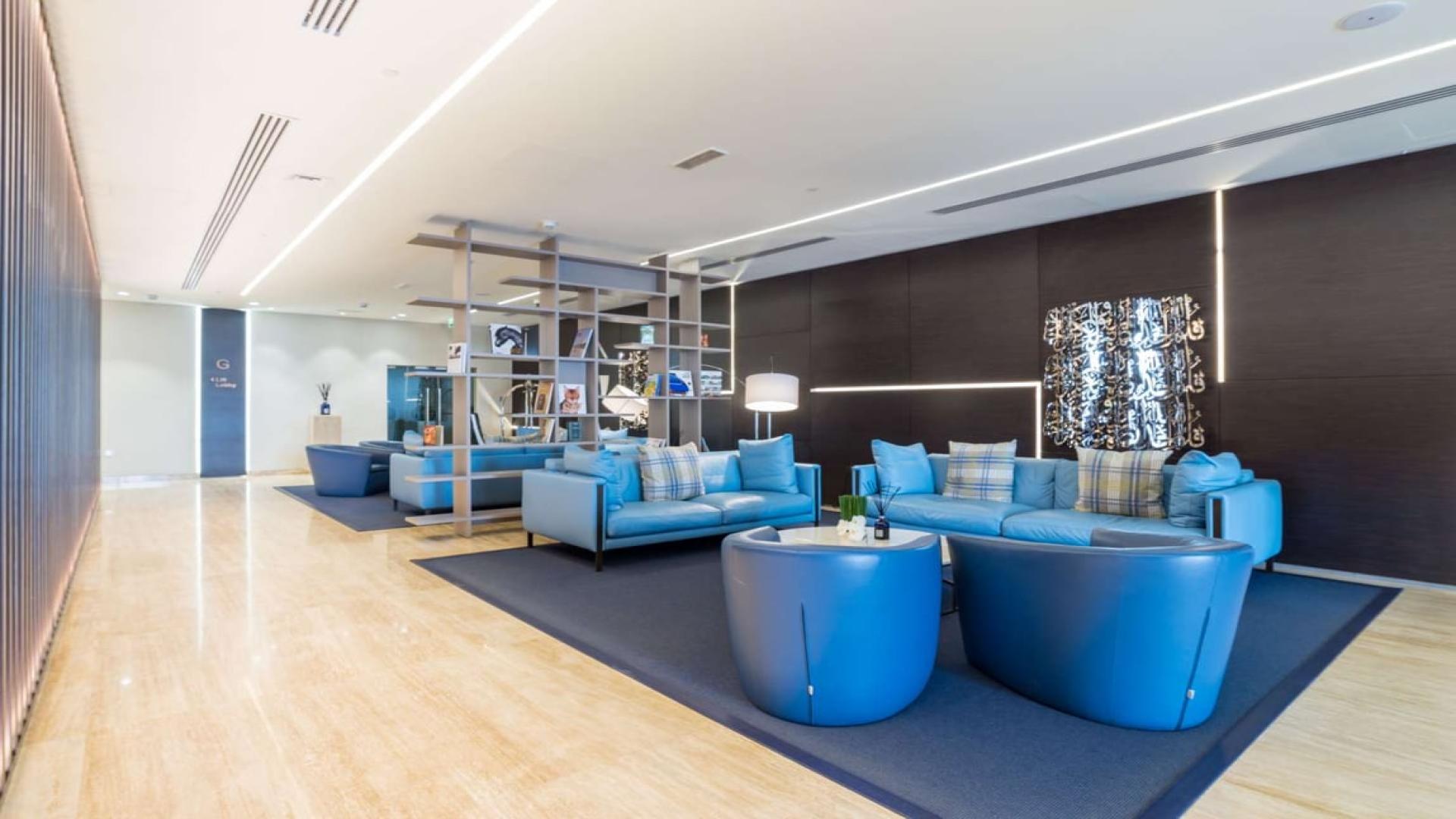 Modern lounge area in Marina Arcade Tower, Dubai Marina apartment for sale