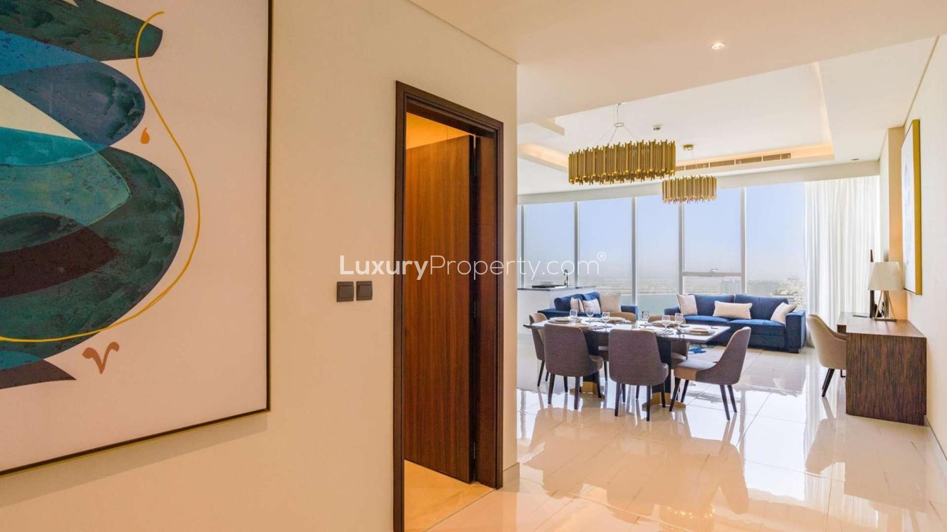 Furnished living and dining area in serviced 2-bedroom apartment, Avani Palm View, Dubai Media City