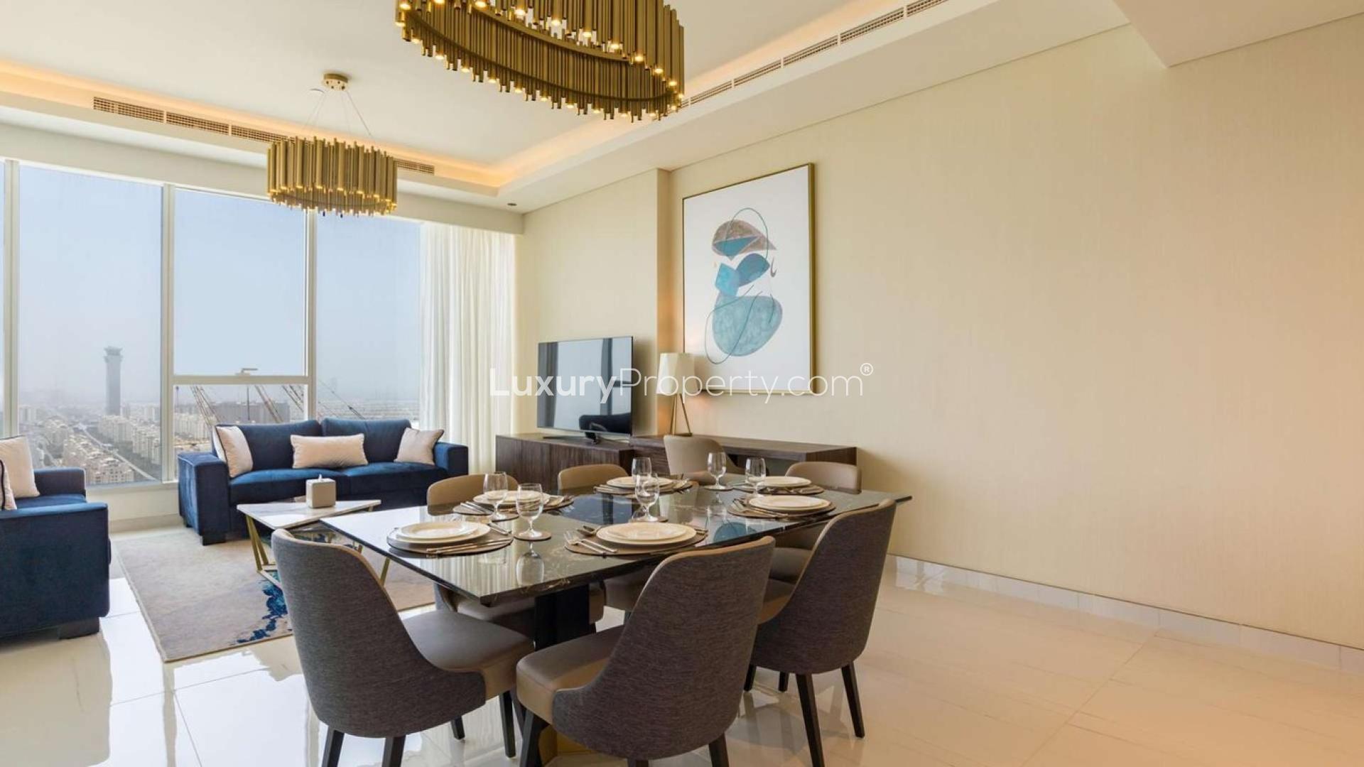 Furnished living and dining area in 2-bedroom apartment, Avani Palm View, Dubai Media City