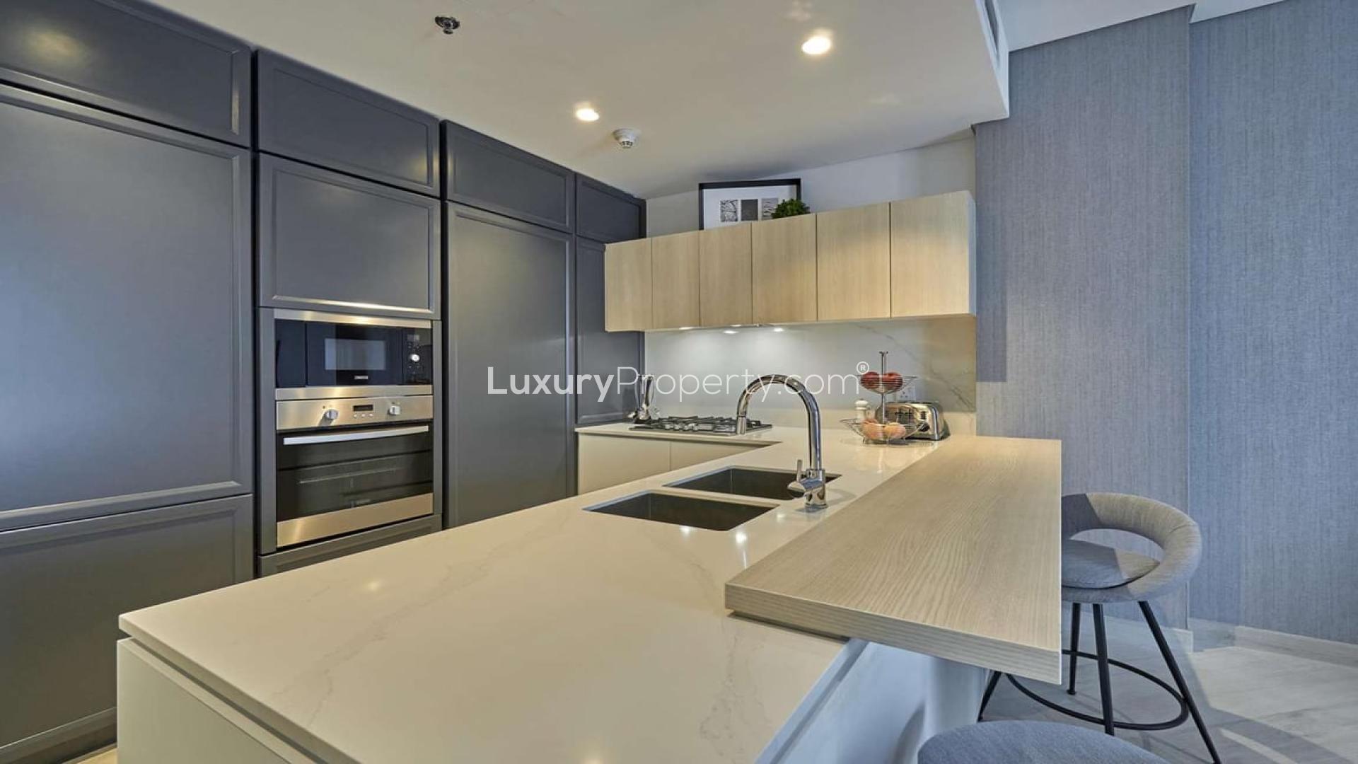 Modern living room and kitchen in Wilton Terraces 1, Mohammed Bin Rashid City apartment