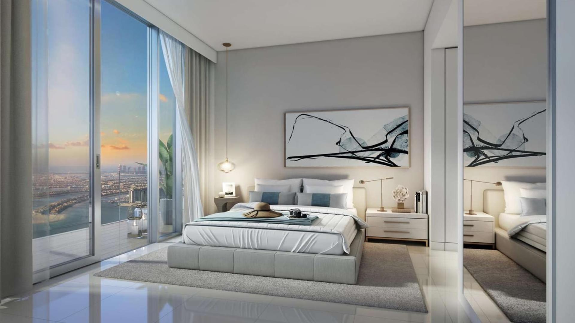 Modern apartment living room with sea and Palm Jumeirah views, Emaar Beachfront, Dubai Harbour