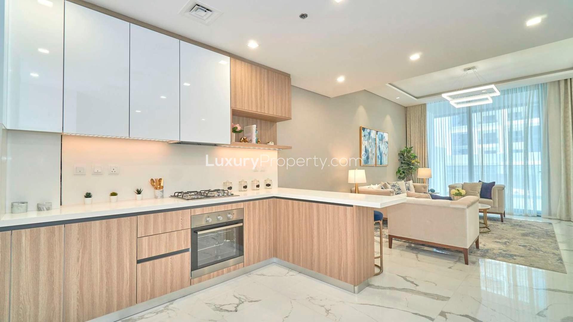 Elegant living room in two-bedroom apartment, Pinnacle Tower, Dubai Hills Estate