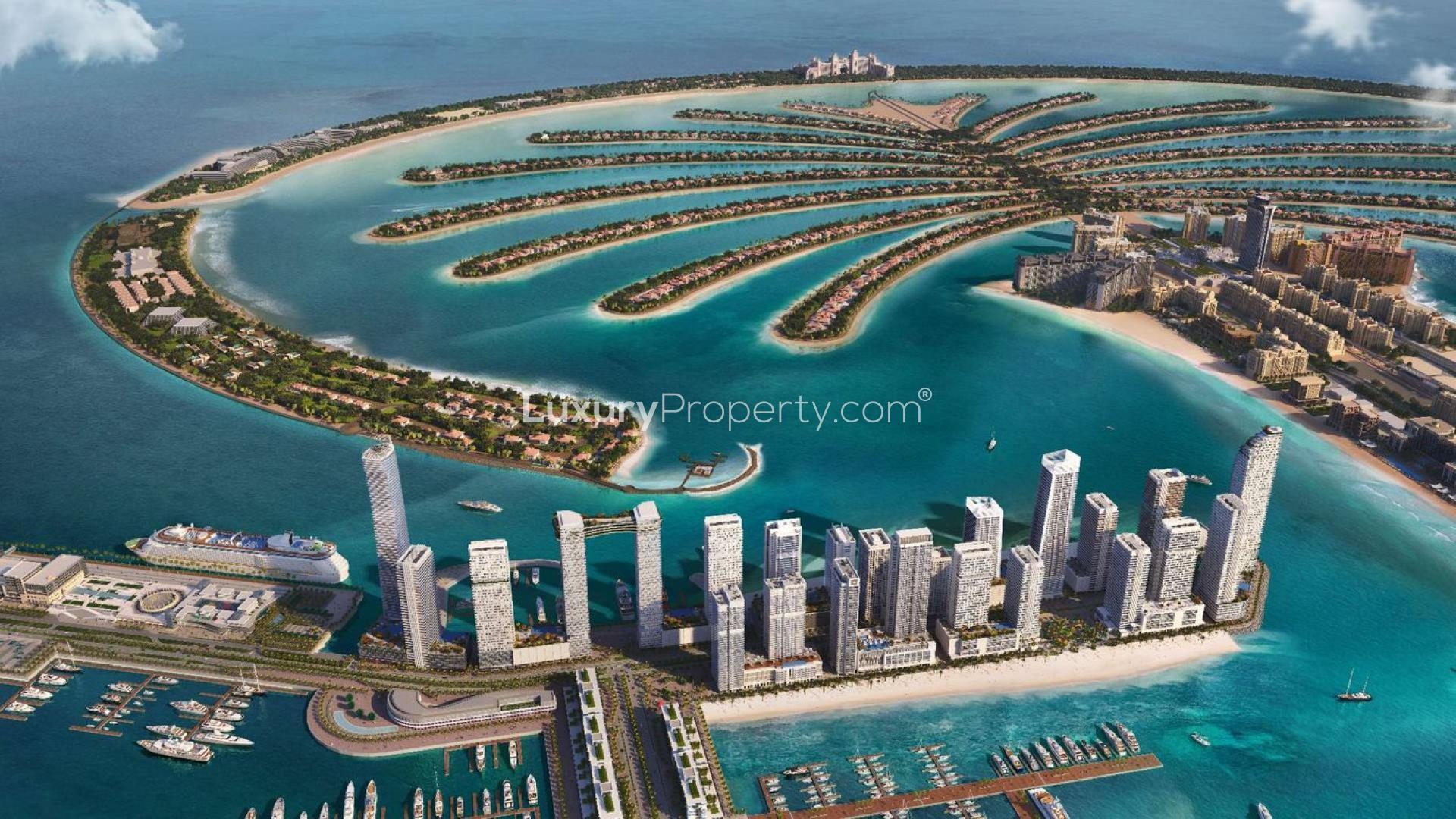 Aerial view of Marina Sands apartments at Emaar Beachfront, Dubai Harbour, with marina