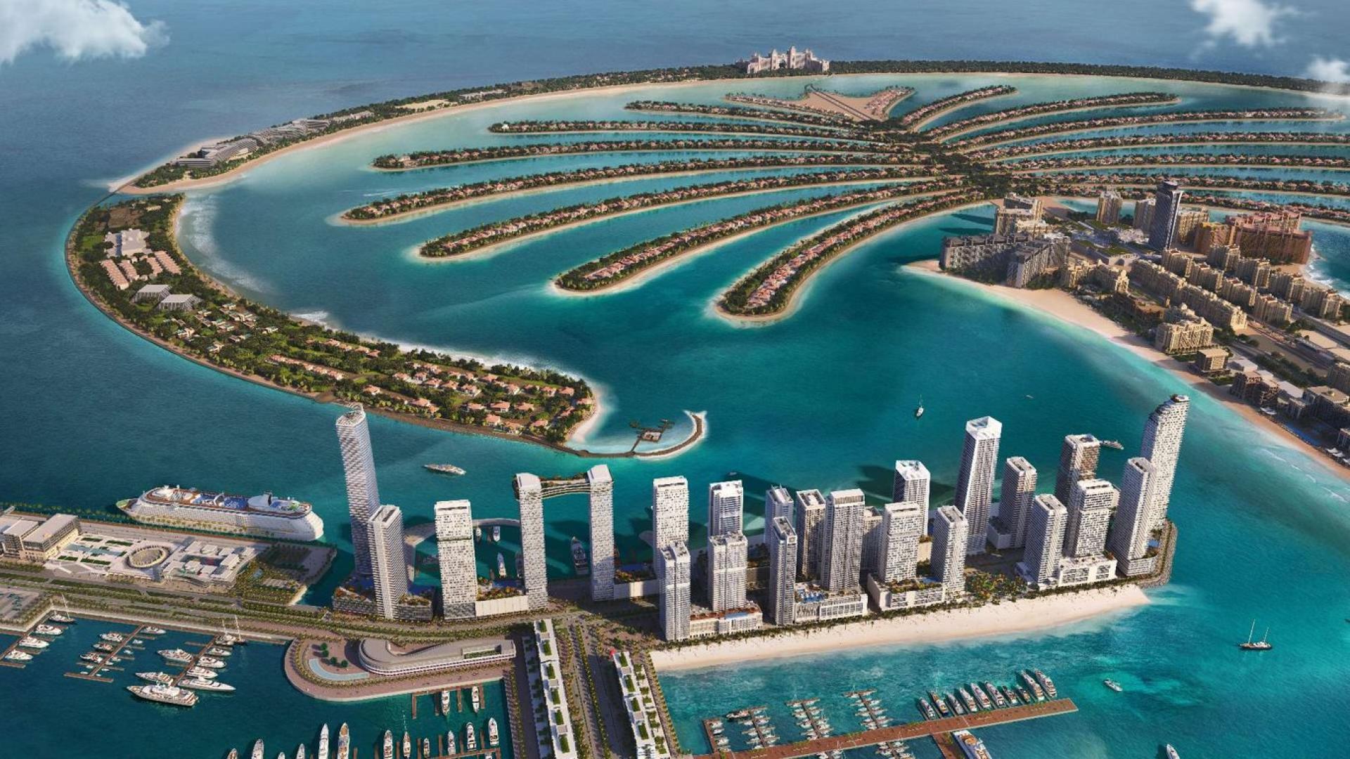 Aerial view of Marina Sands apartments at Emaar Beachfront, Dubai Harbour, with marina