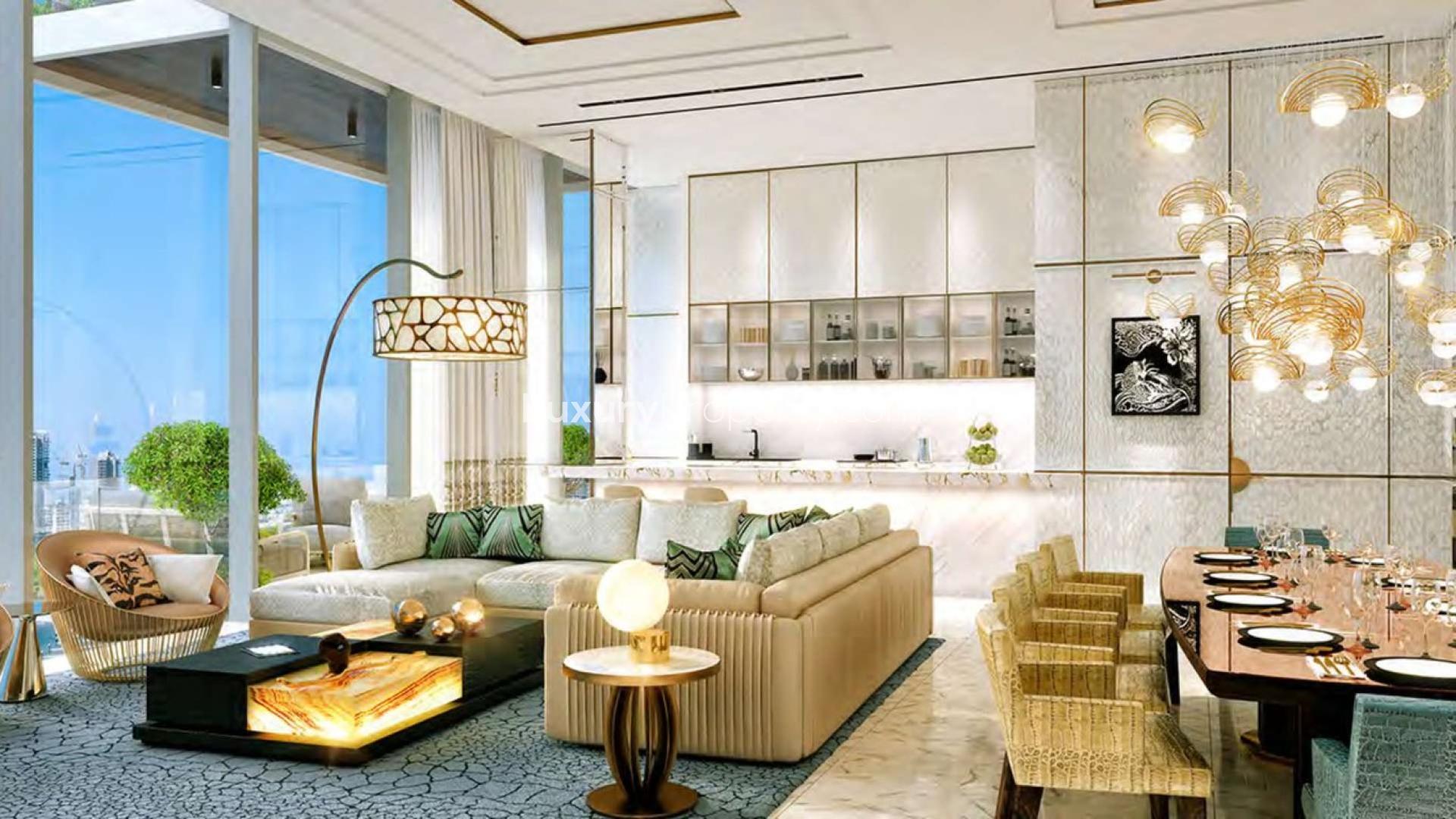 Luxurious Cavalli-designed living room in stylish Dubai Marina apartment for sale, featuring elegant decor