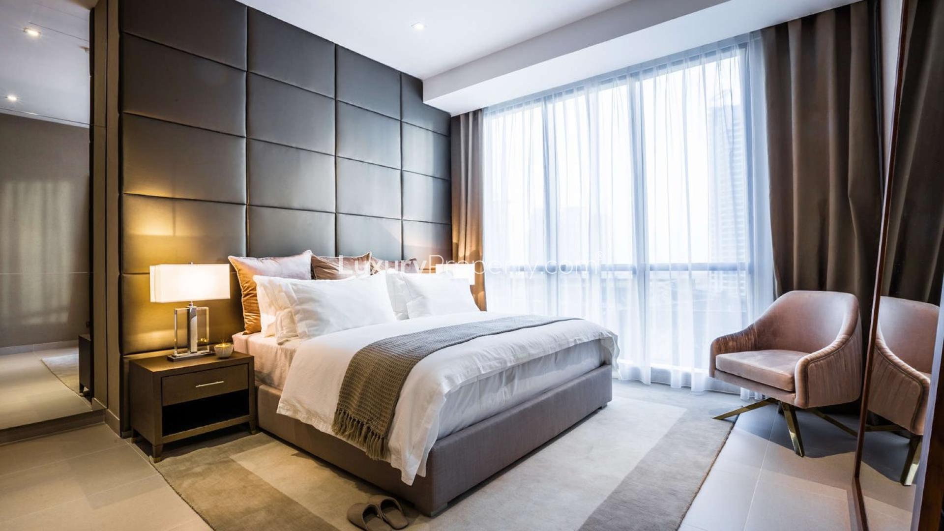 Modern living room in LIV Residence studio apartment, Dubai Marina, with elegant furnishings