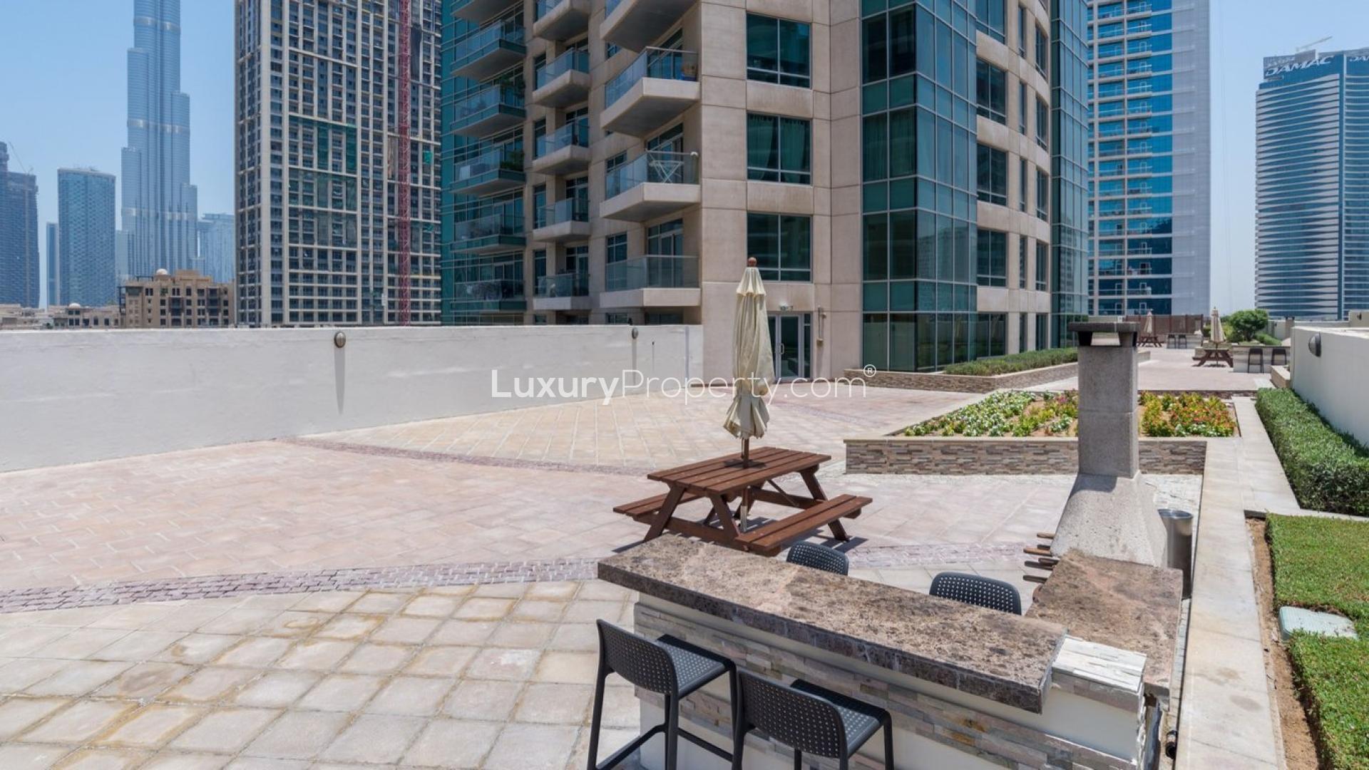 Apartment balcony view of Downtown Dubai skyline in Burj Views community