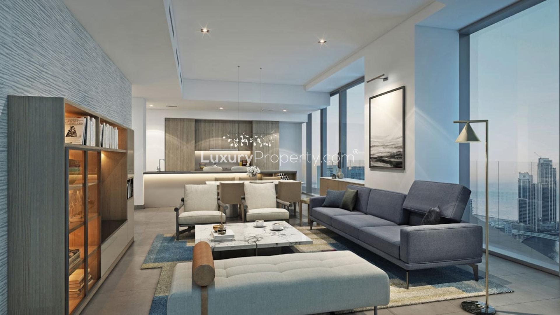 Modern living room in two-bedroom apartment, Stella Maris, Dubai Marina, with waterfront views