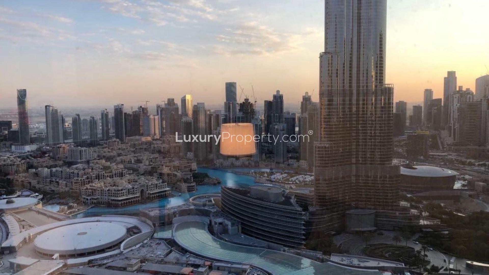 High-floor apartment view of Burj Khalifa and fountain, Downtown Dubai, The Address The BLVD