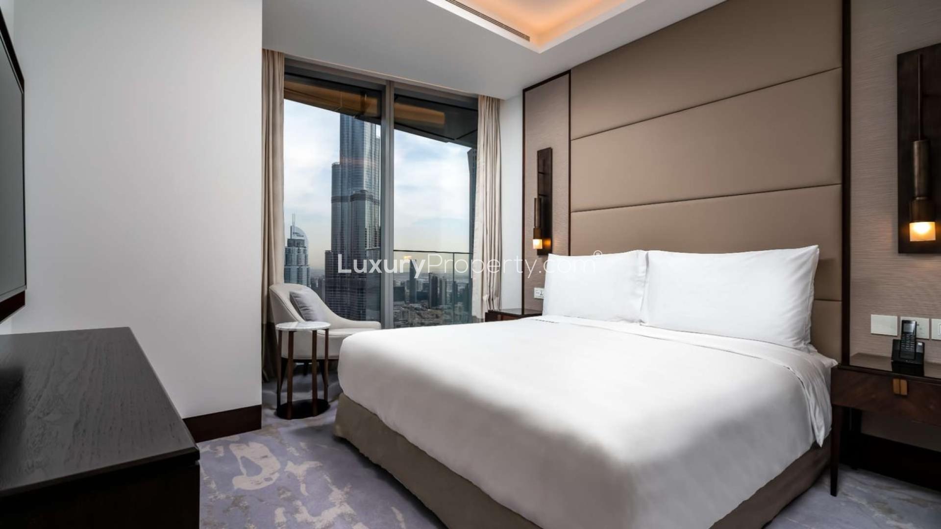 High-floor apartment living room with Burj Khalifa view, Downtown Dubai, for sale