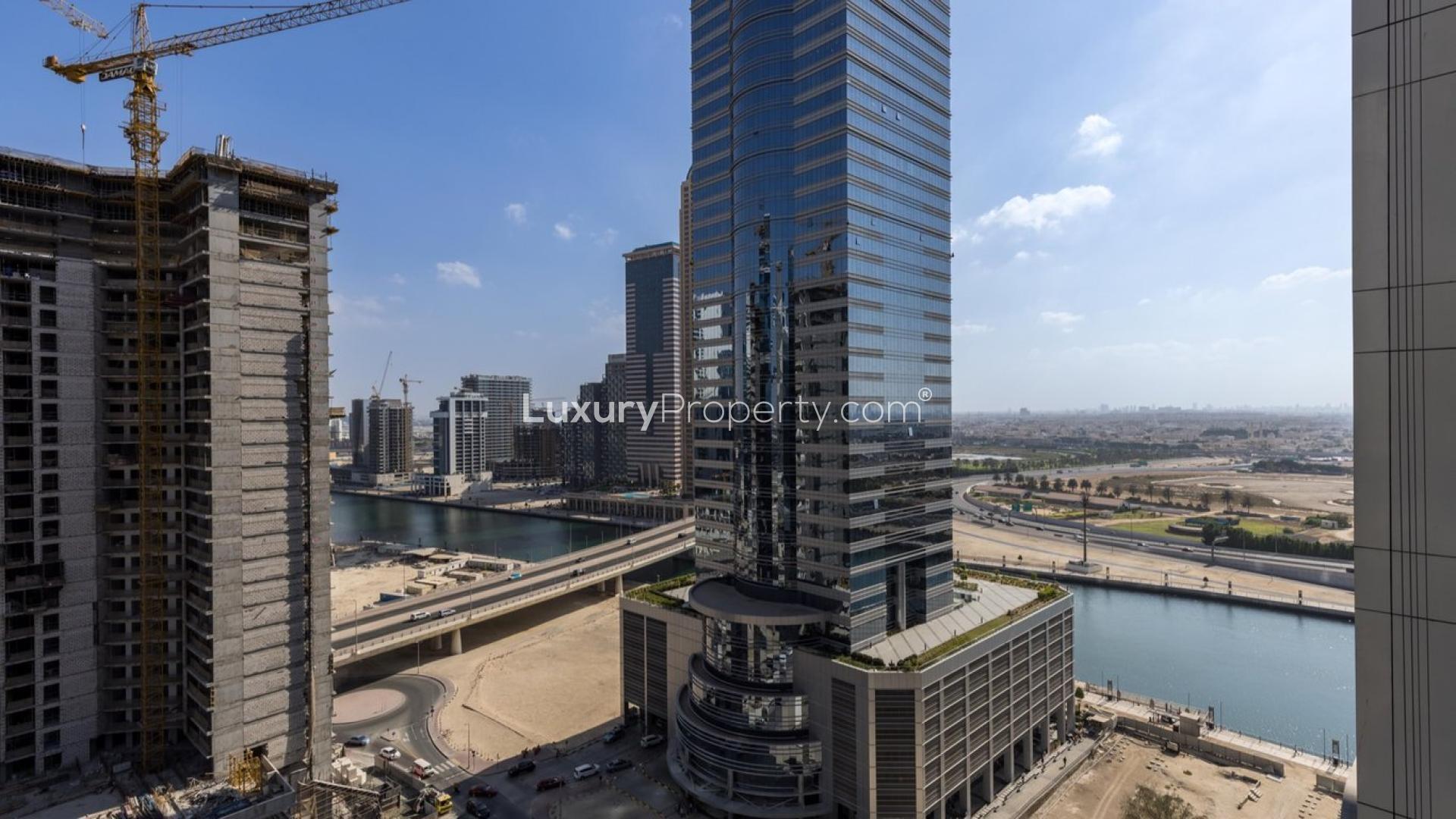 Furnished living room in Merano Tower apartment with city view, Business Bay, Dubai